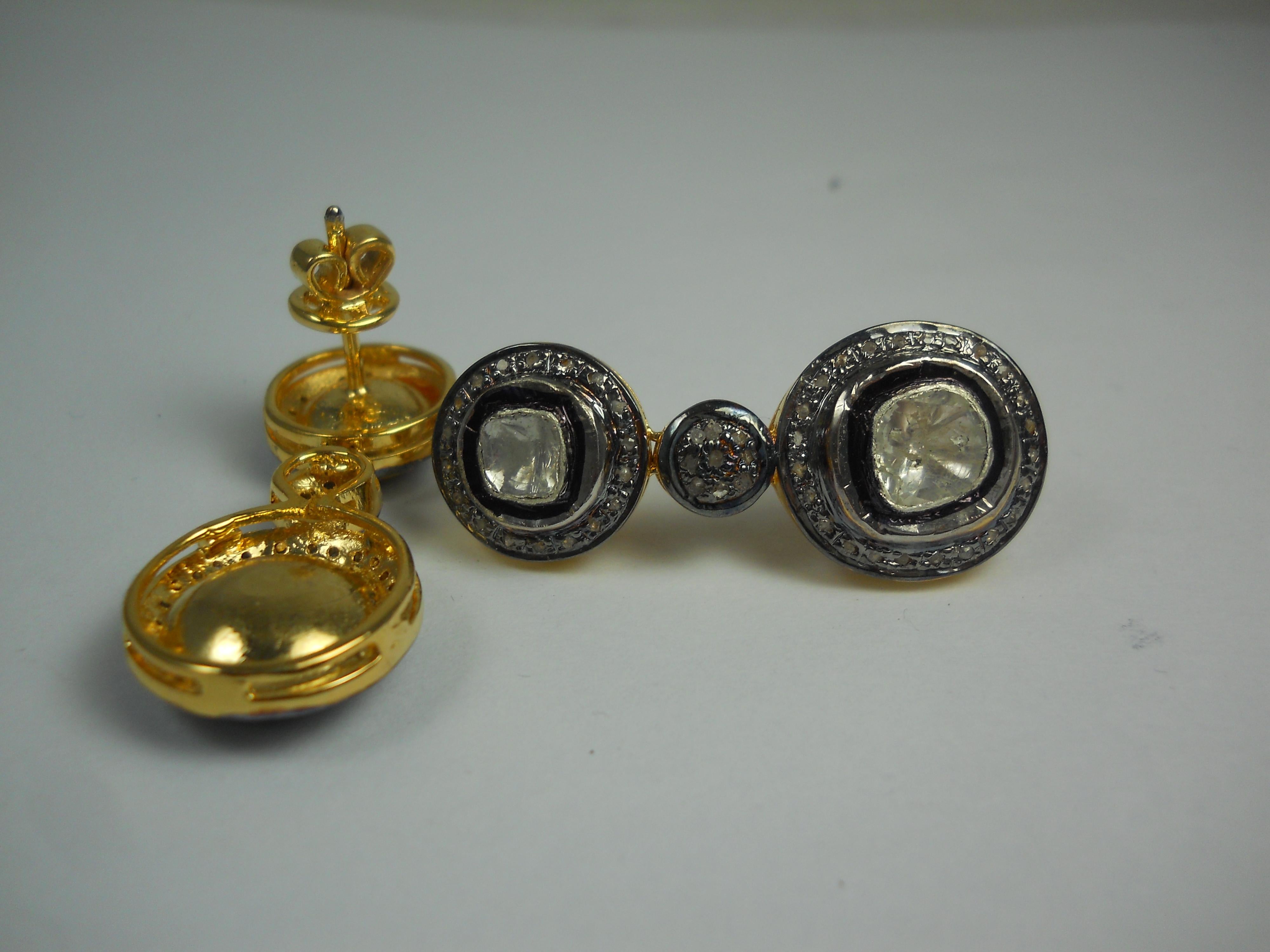 Natural 2.95ct uncut rose cut diamonds sterling silver dangle earrings  For Sale 2