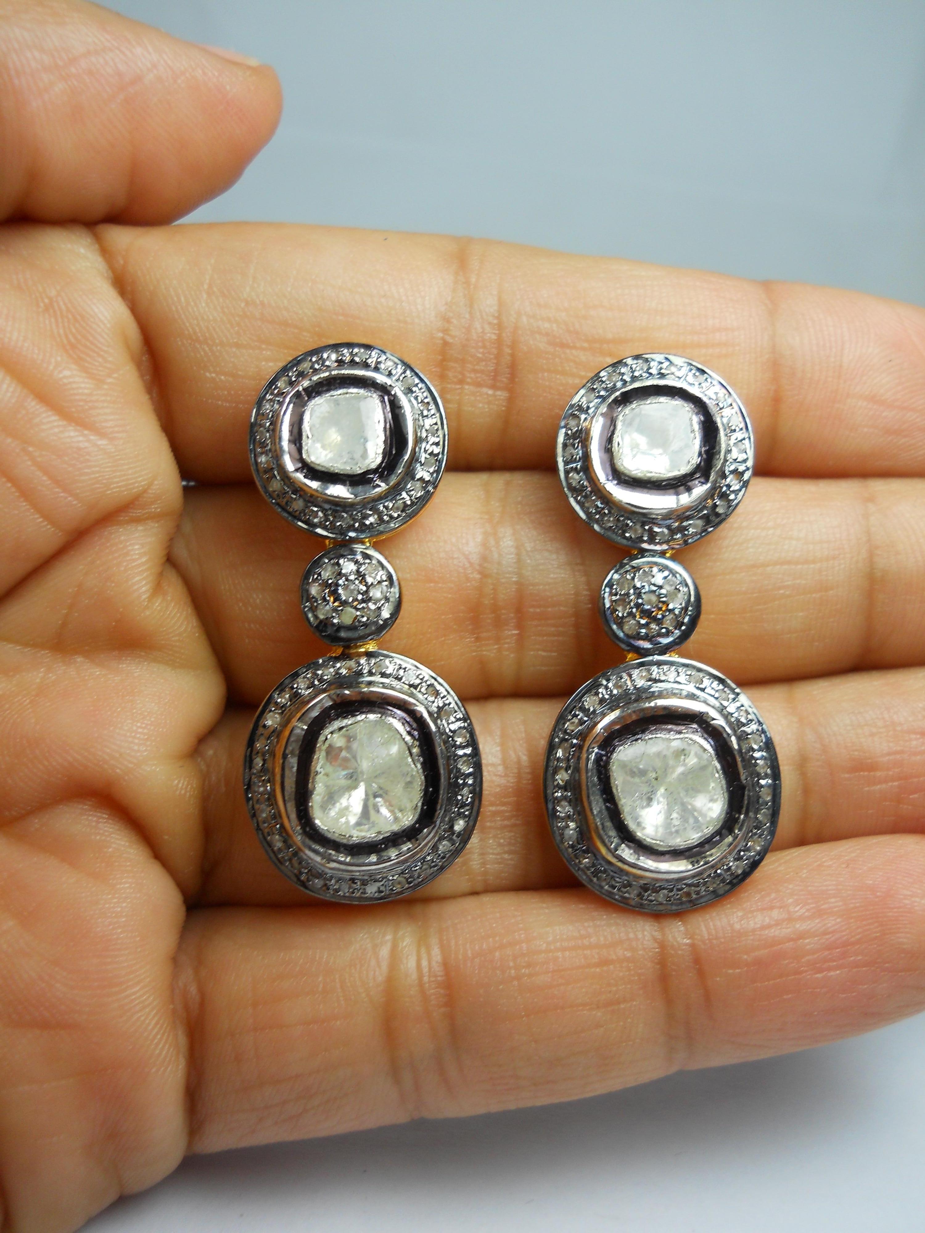 Natural 2.95ct uncut rose cut diamonds sterling silver dangle earrings  For Sale 3