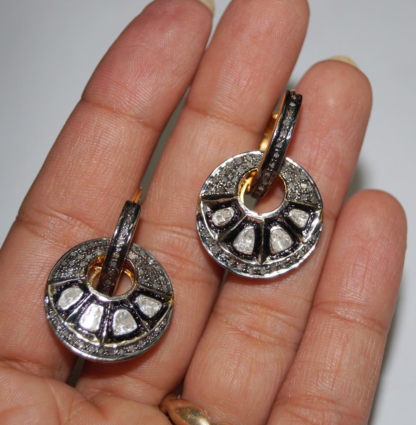 Women's or Men's Natural 2.95ct uncut rose cut diamonds sterling silver earrings  For Sale