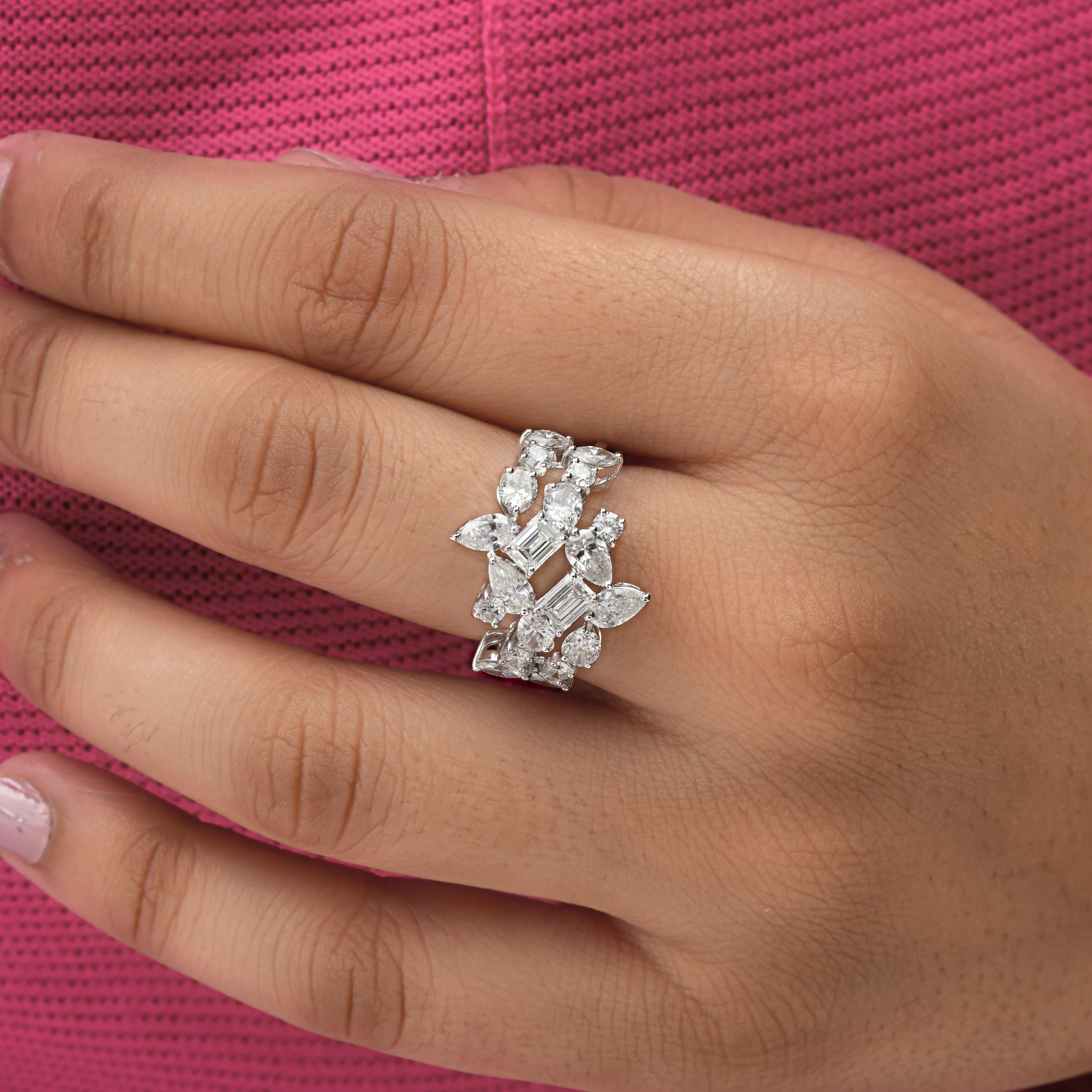 Taille émeraude Bague en or blanc 14 carats avec diamant naturel taille émeraude ronde poire 2,96 carats SI/H en vente