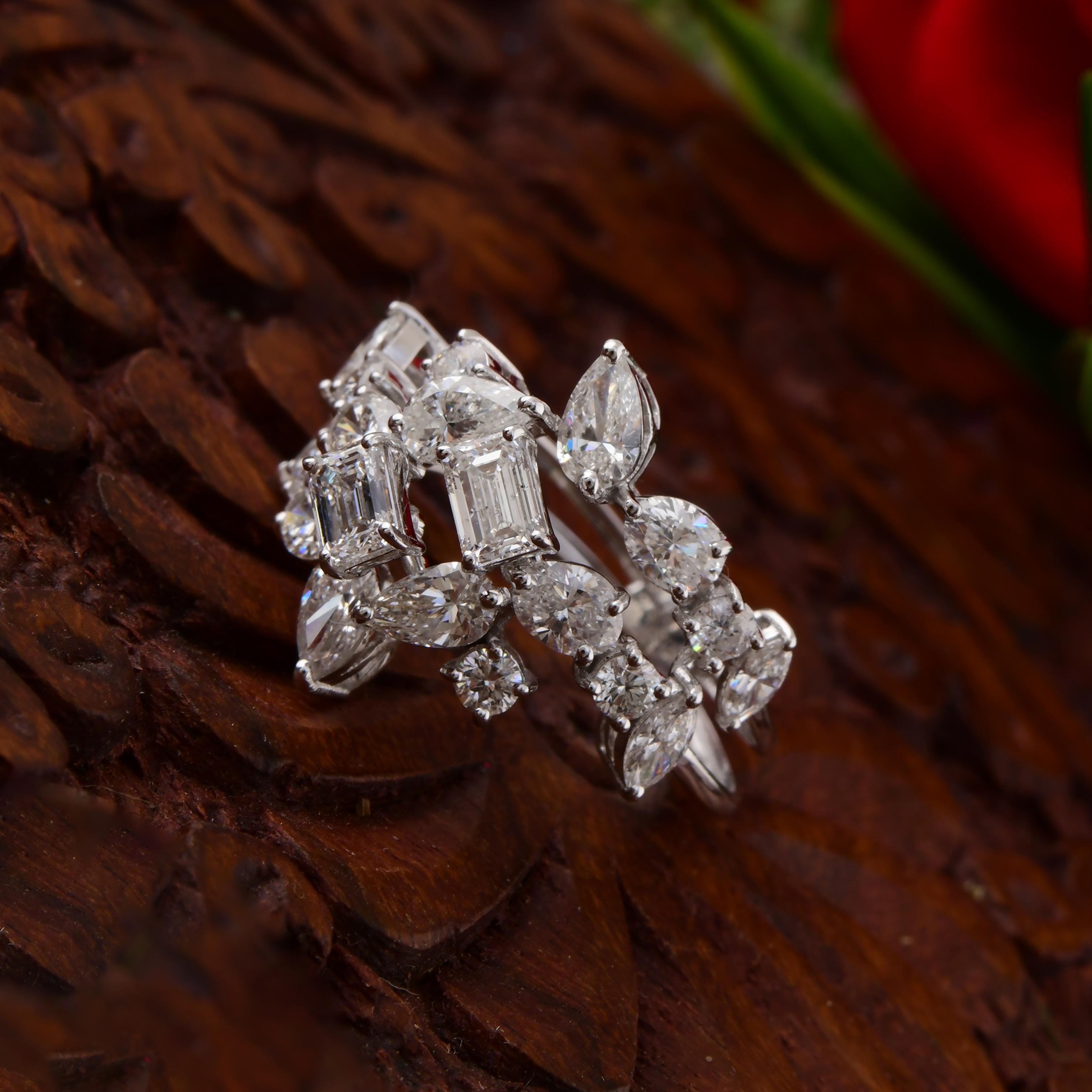Bague en or blanc 14 carats avec diamant naturel taille émeraude ronde poire 2,96 carats SI/H en vente 1