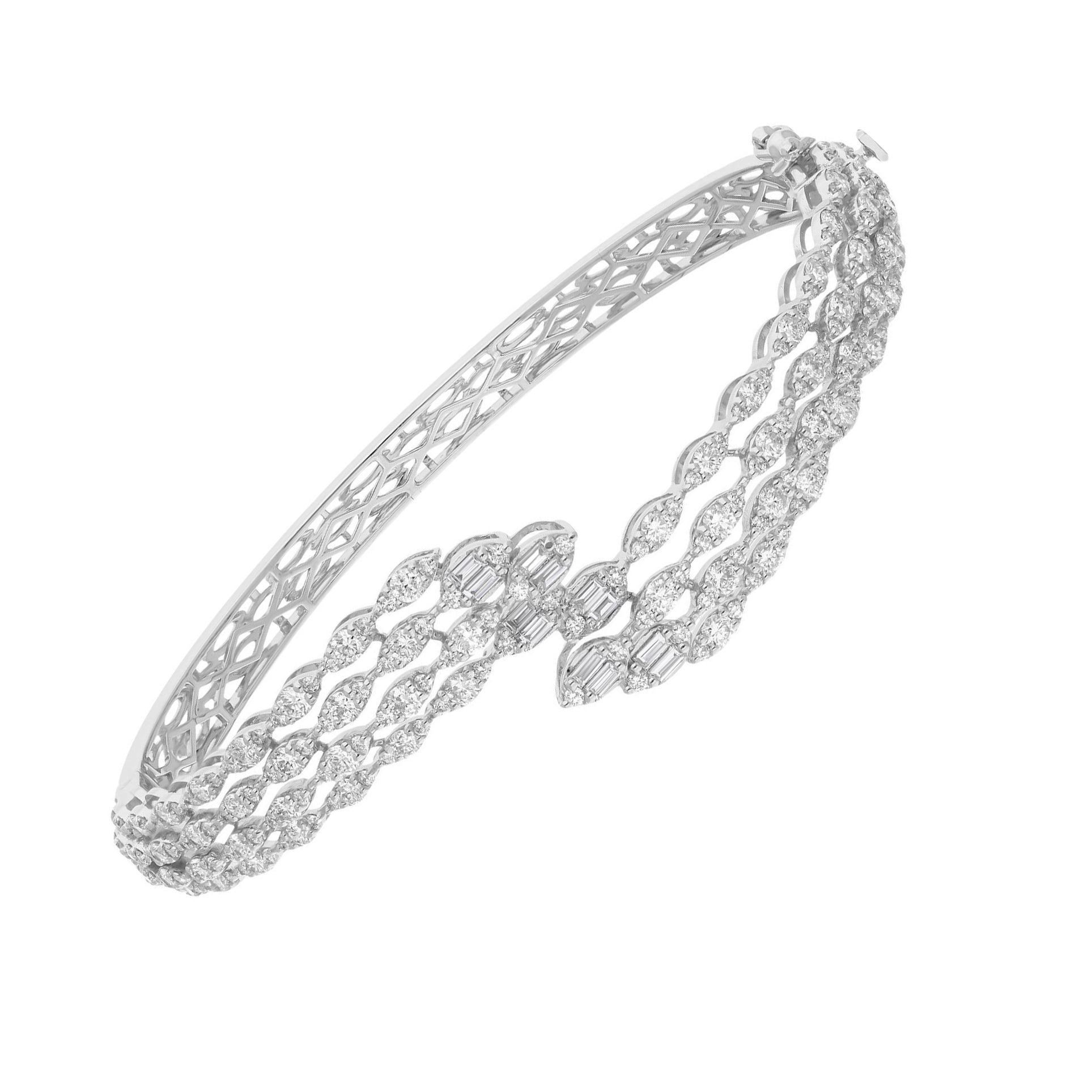 Natural 3 Carat Baguette Round Diamond Wrap Bangle Bracelet 14 Karat White Gold