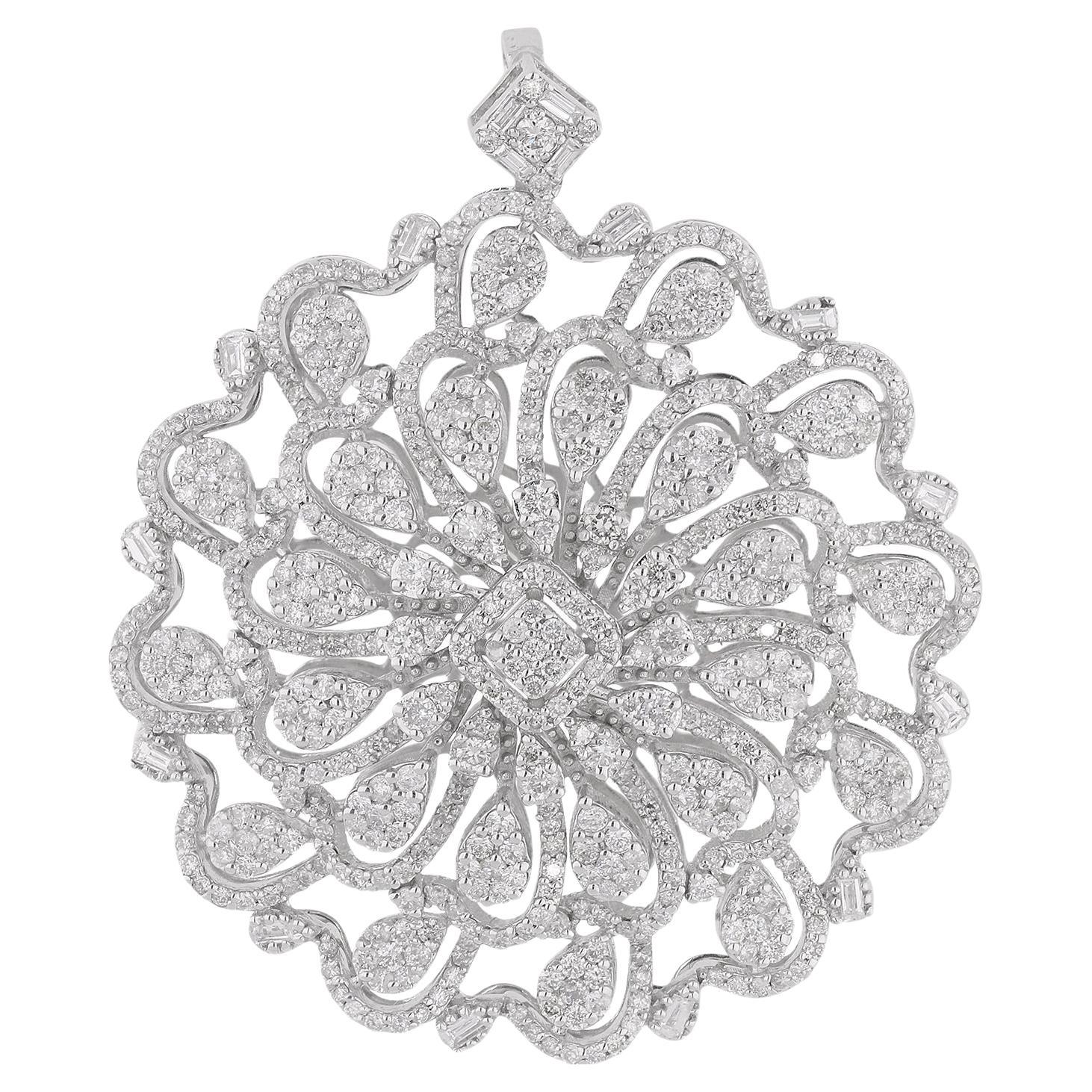Pendentif floral en or blanc 18 carats avec pavé de diamants naturels de 3 carats