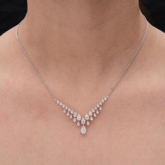 Natural 3 Carat Diamond V Shape Pendant Chain Necklace 18 Karat White Gold