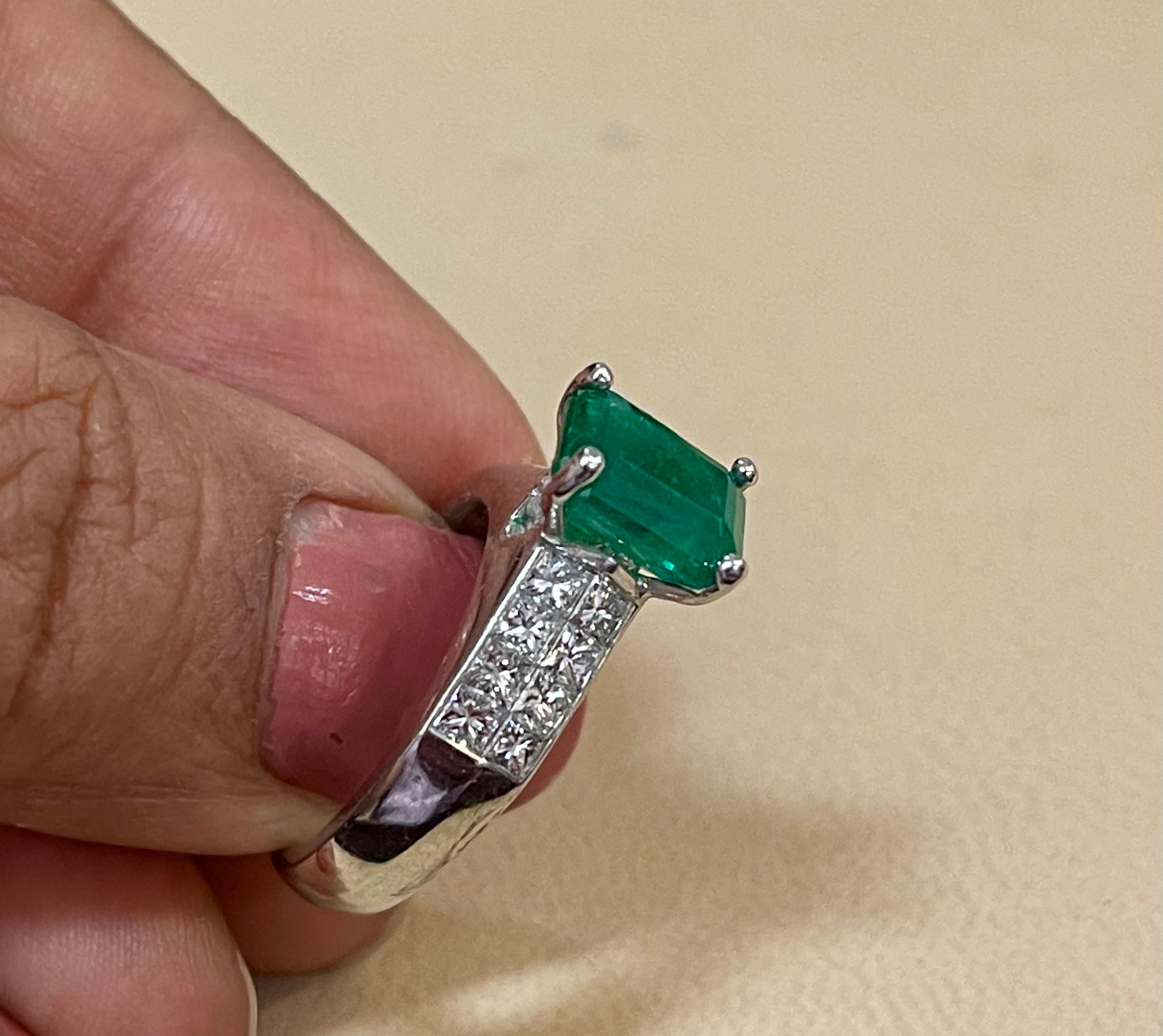 Natural 3 Carat Emerald Cut Emerald & 1 Carat Diamond Ring Platinum 13