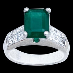 Natural 3 Carat Emerald Cut Emerald & 1 Carat Diamond Ring Platinum