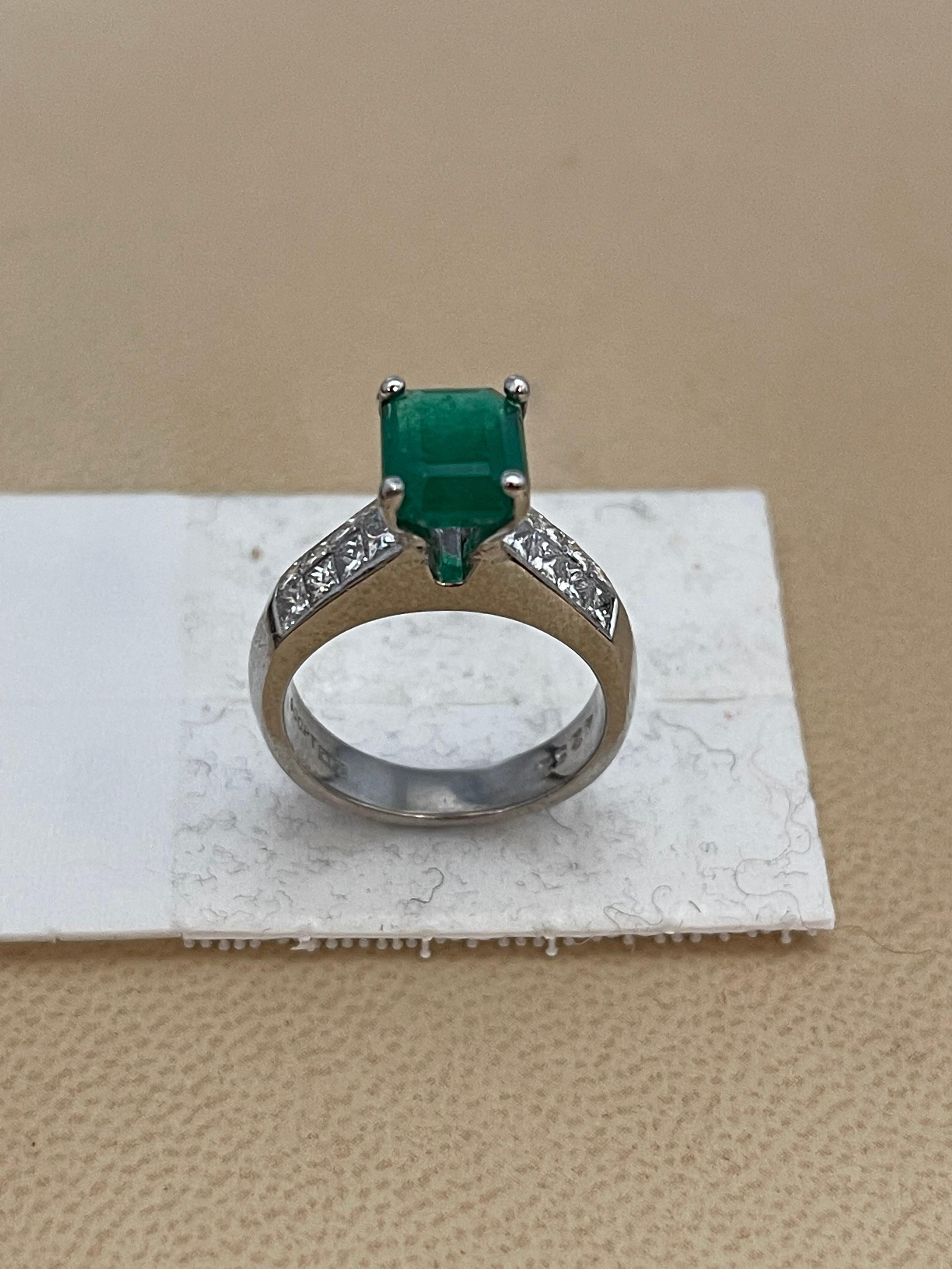 Natural 3 Carat Emerald Cut Emerald & 1 Carat Diamond Ring Platinum 7