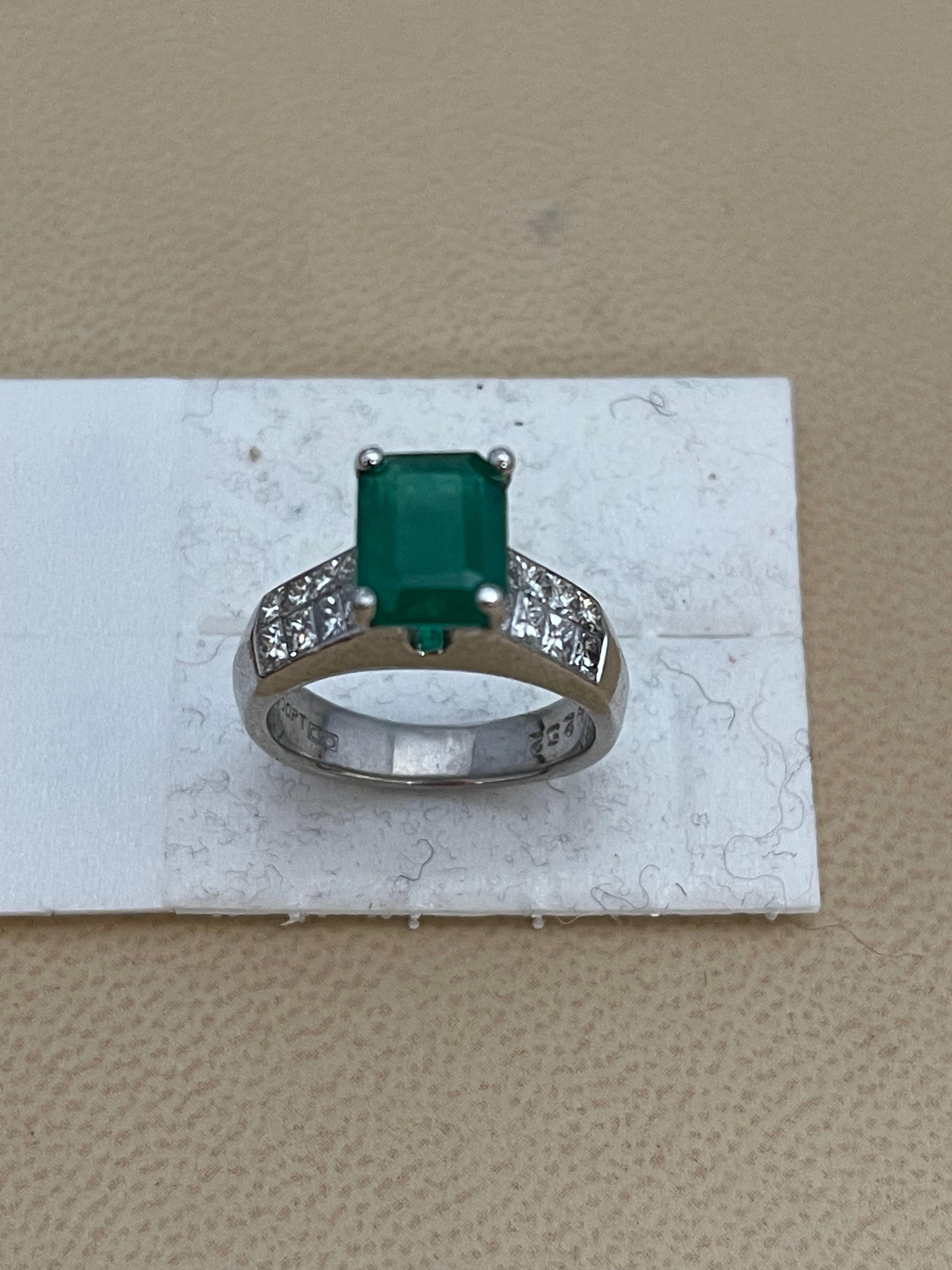 Natural 3 Carat Emerald Cut Emerald & 1 Carat Diamond Ring Platinum 8