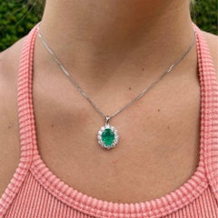Natural 3 Carat Emerald & Diamond Halo 14K White Gold Pendant