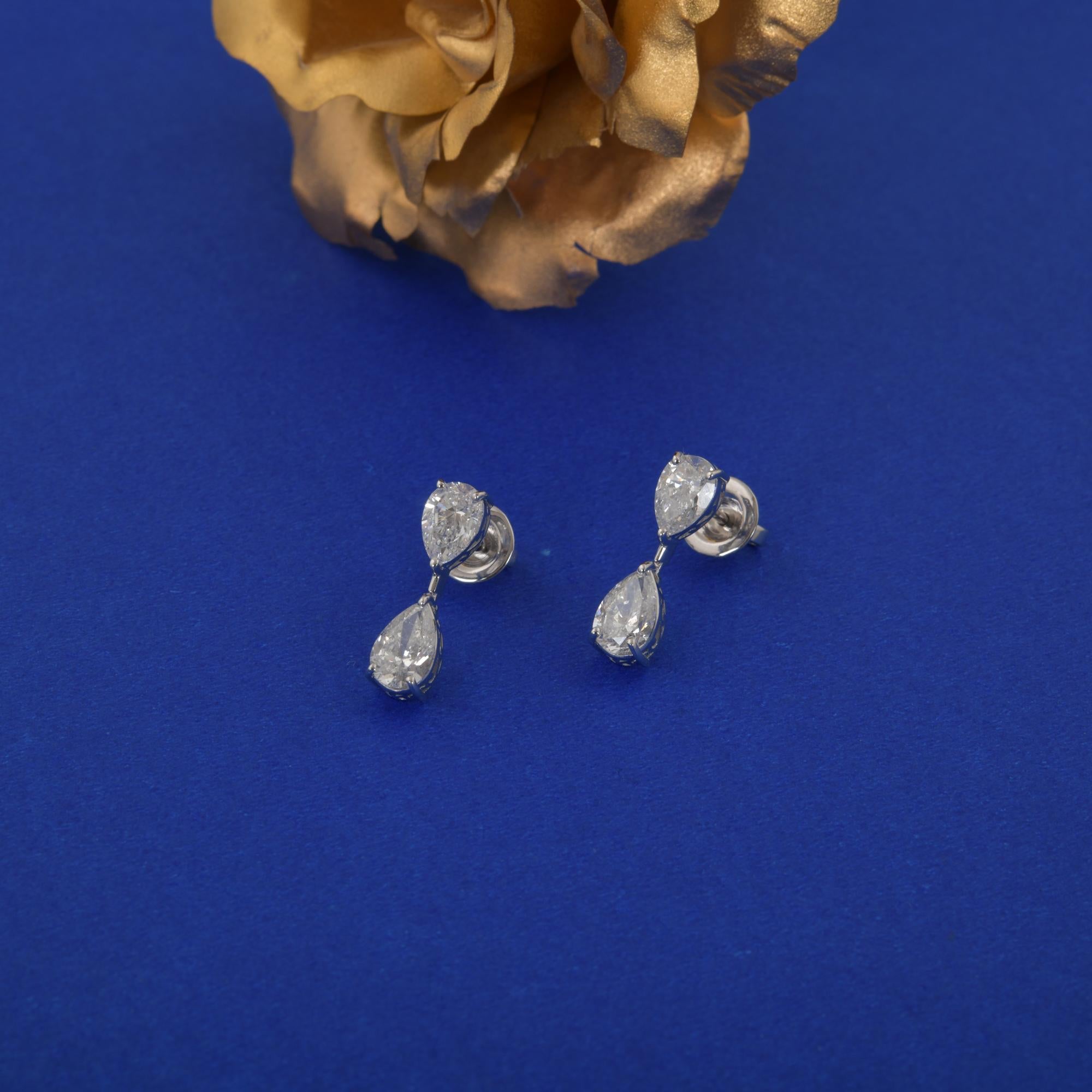 Modern Natural 3 Carat Pear Diamond Earrings 18 Karat White Gold Handmade Fine Jewelry For Sale