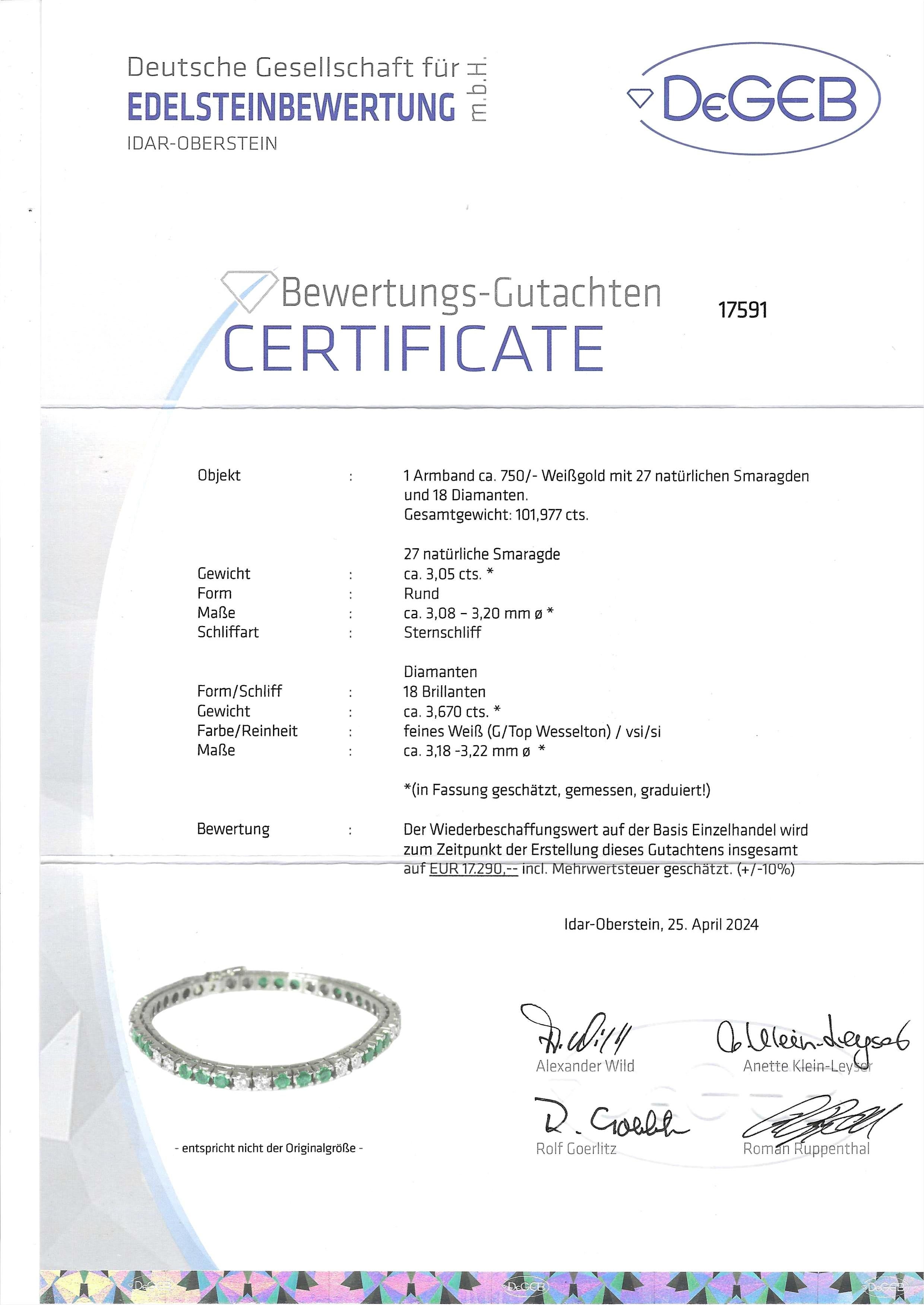 Natural 3 ct Emerald and 3.67ct Diamond 18K White Gold Tennis Bracelet For Sale 5