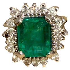 Natural 3 Ct Emerald Cut Zambian Emerald Ring + Diamond 14 K White Gold, Vintage