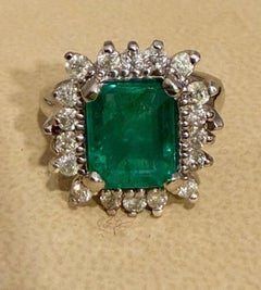 Natural 3 Ct Emerald Cut Zambian Emerald Ring + Diamond 14 K White Gold, Vintage