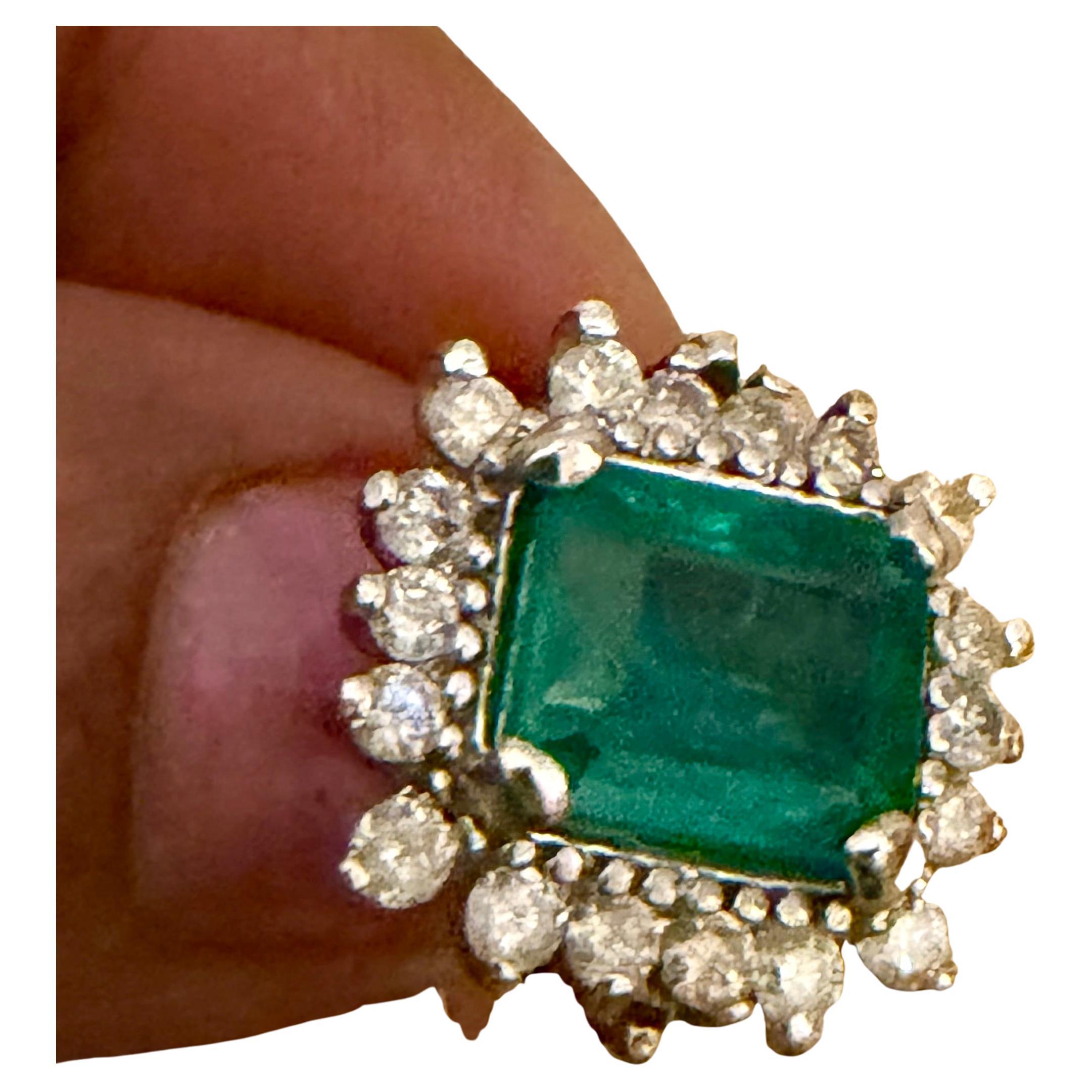 Natural 3 Ct Emerald Cut Zambian Emerald Ring + Diamond 14 K White Gold, Vintage