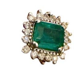 Natural 3 Ct Emerald Cut Zambian Emerald Ring + Diamond 14 K White Gold, Vintage