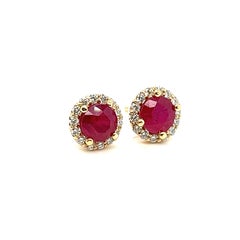 Natural 3 Carat Ruby Diamond Stud Earring, 18 Karat Yellow Gold