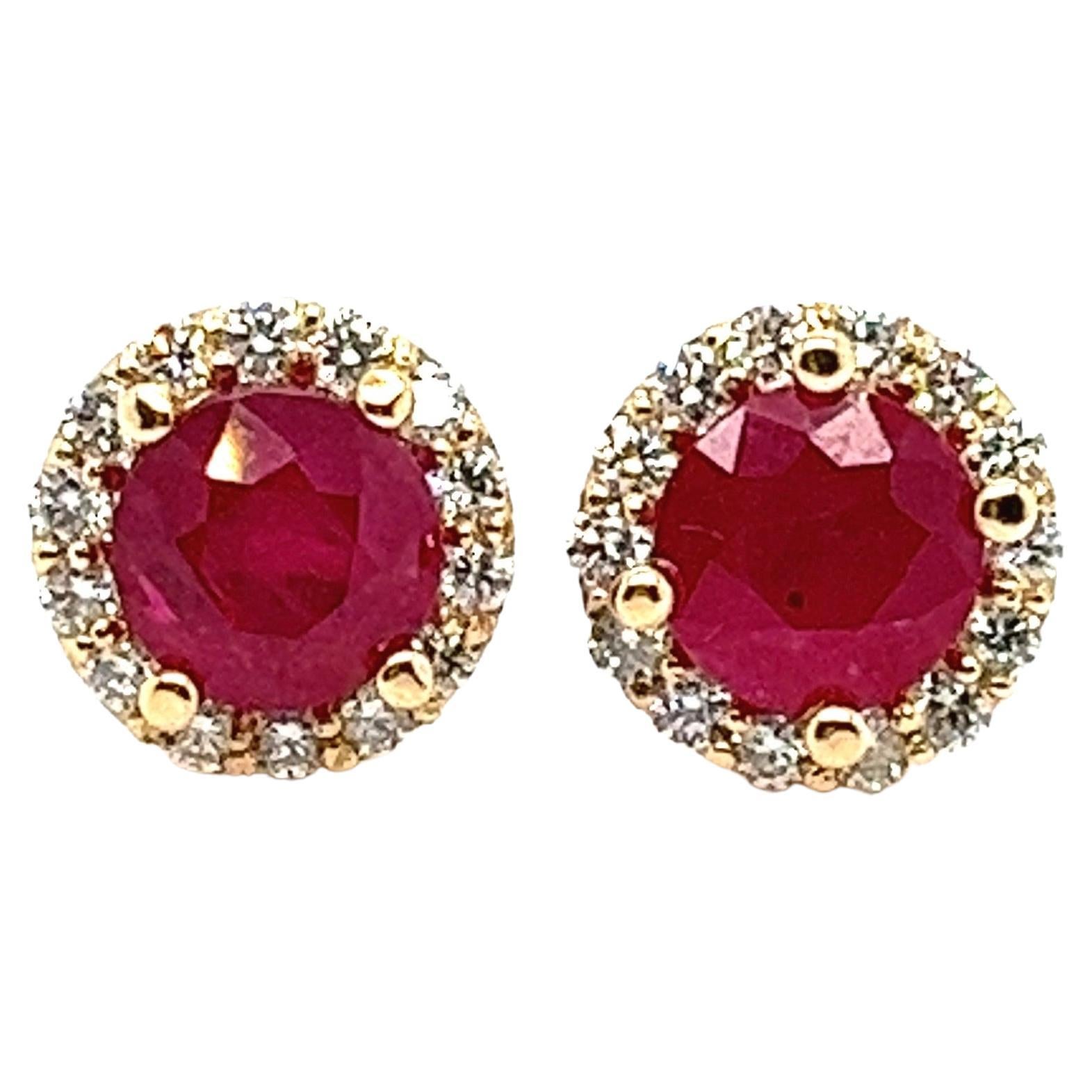Natural 3 Carat Ruby Diamond Stud Earring, 18 Karat Yellow Gold For Sale