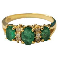 Natural 3 stone Emerald & Diamond Ring in 14k Gold