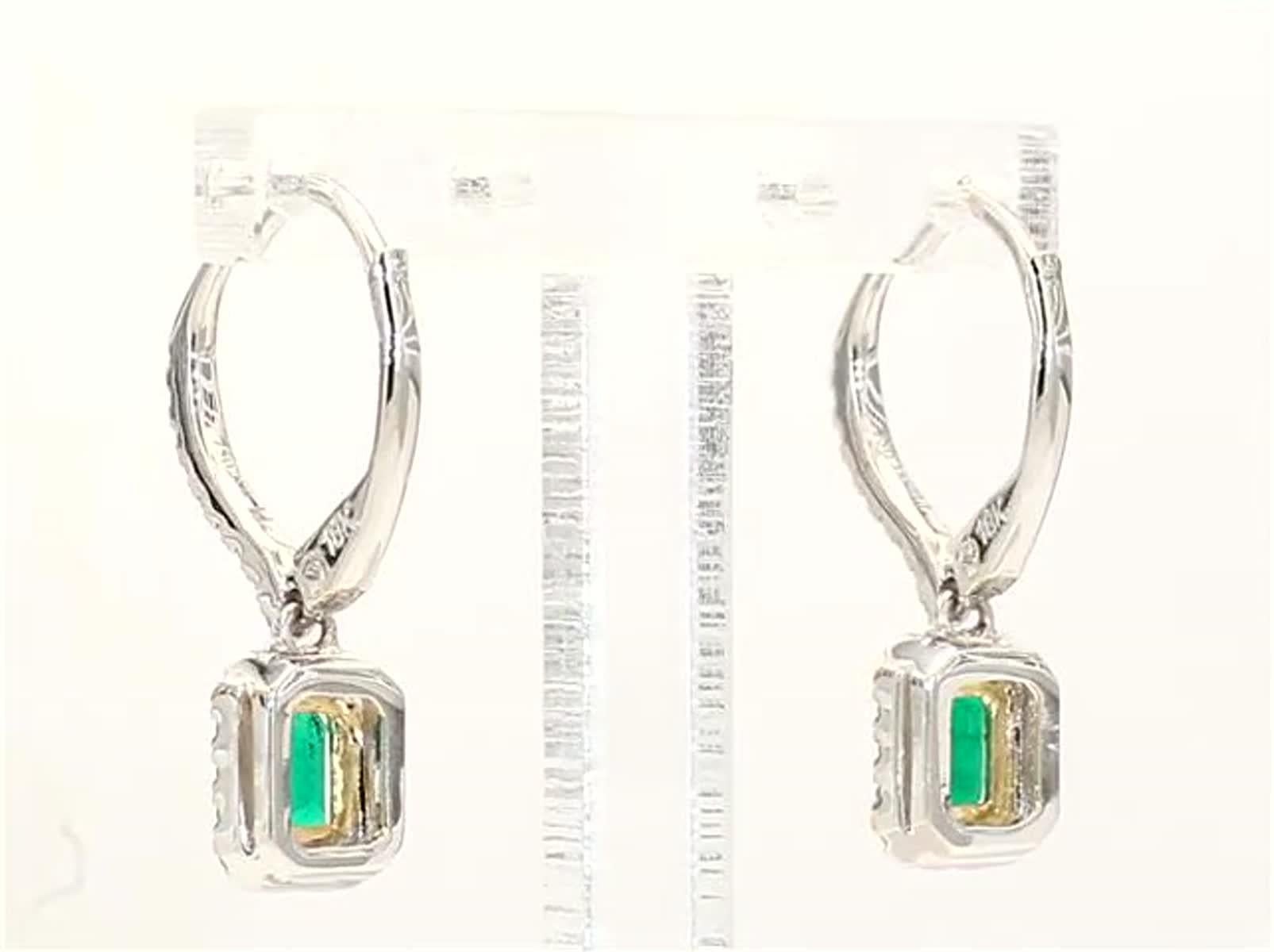 Contemporary Natural Emerald Cut Emerald and White Diamond .83 Carat TW Gold Drop Earrings