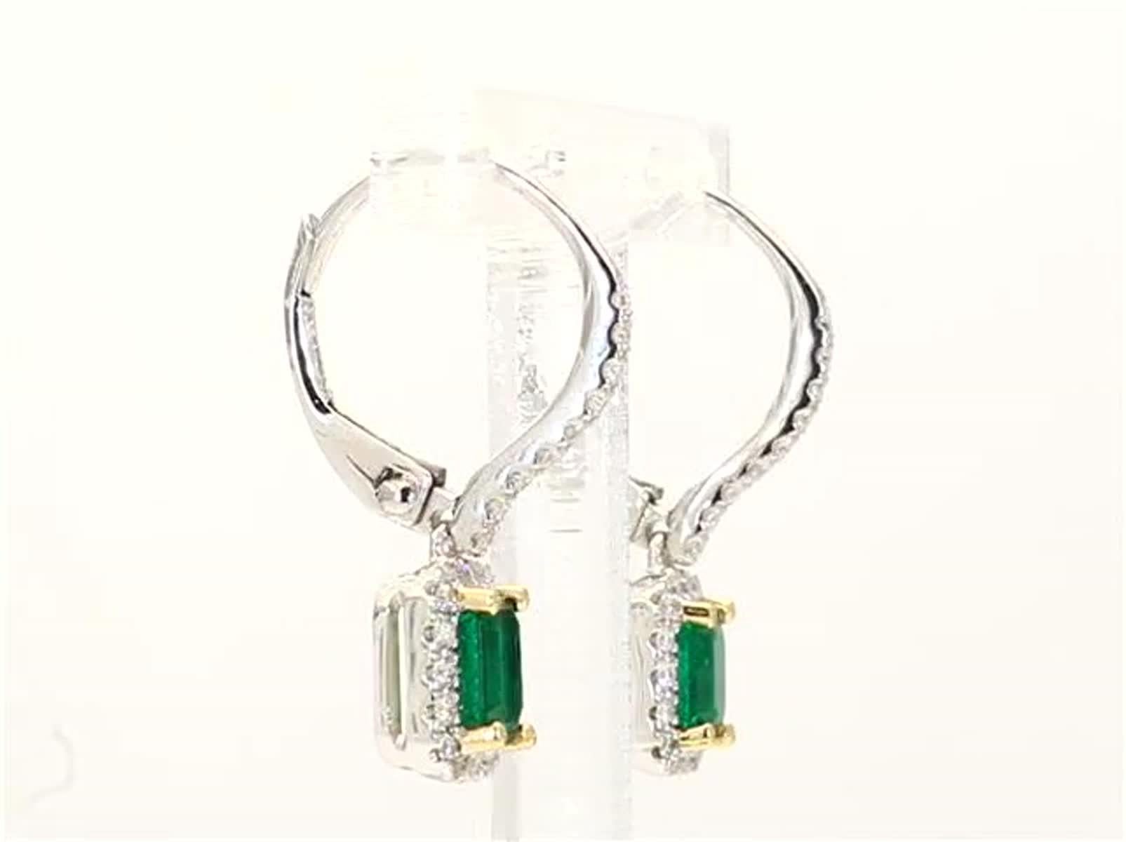 Natural Emerald Cut Emerald and White Diamond .83 Carat TW Gold Drop Earrings In New Condition In New York, NY