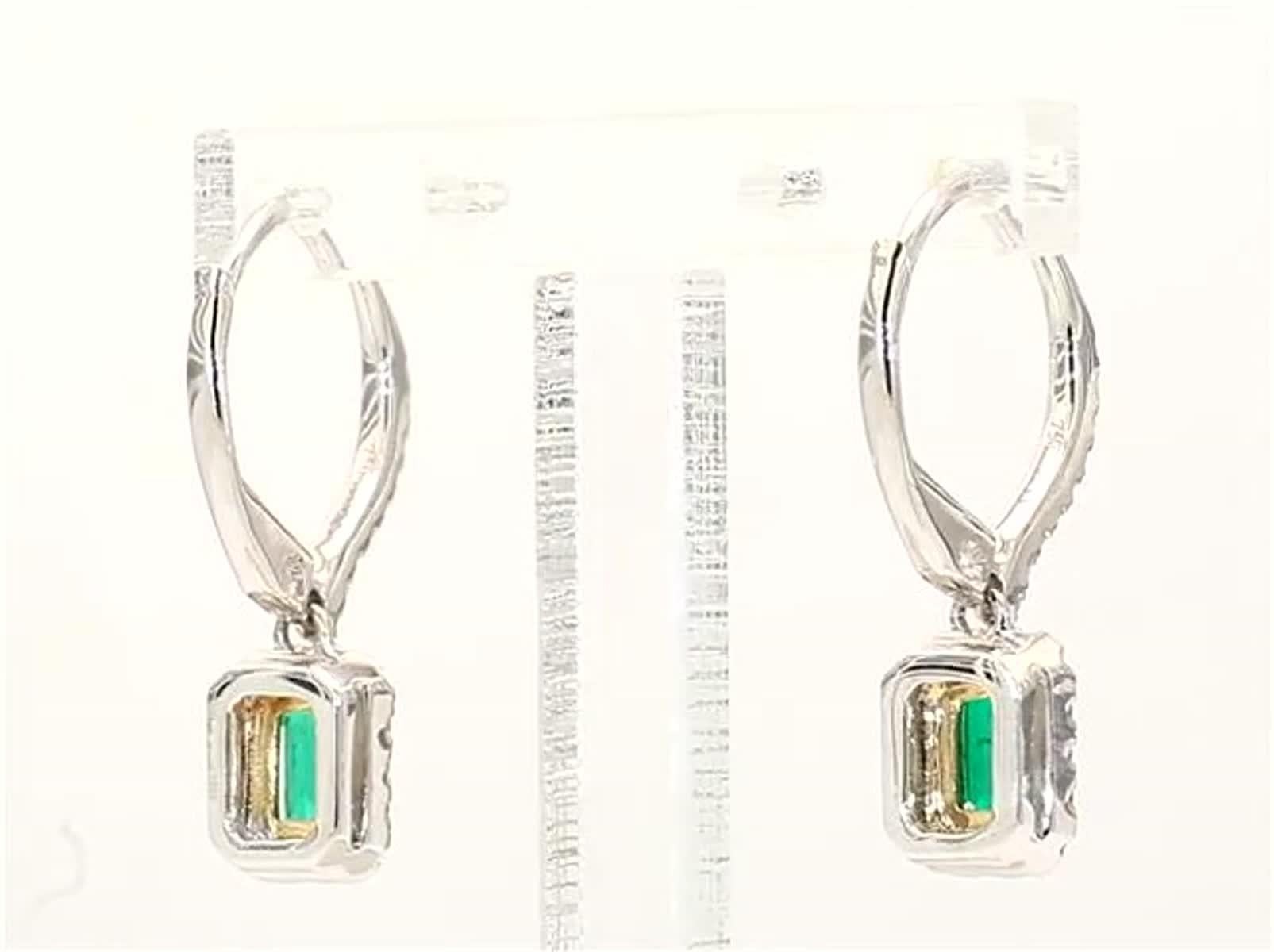 Natural Emerald Cut Emerald and White Diamond .83 Carat TW Gold Drop Earrings 1