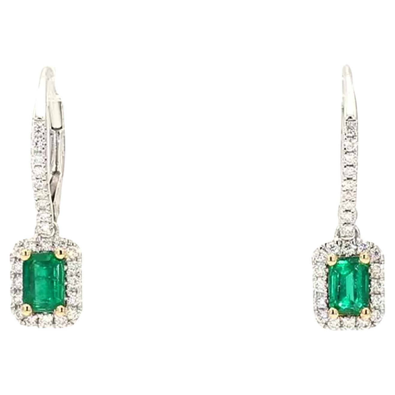 Natural Emerald Cut Emerald and White Diamond .83 Carat TW Gold Drop Earrings