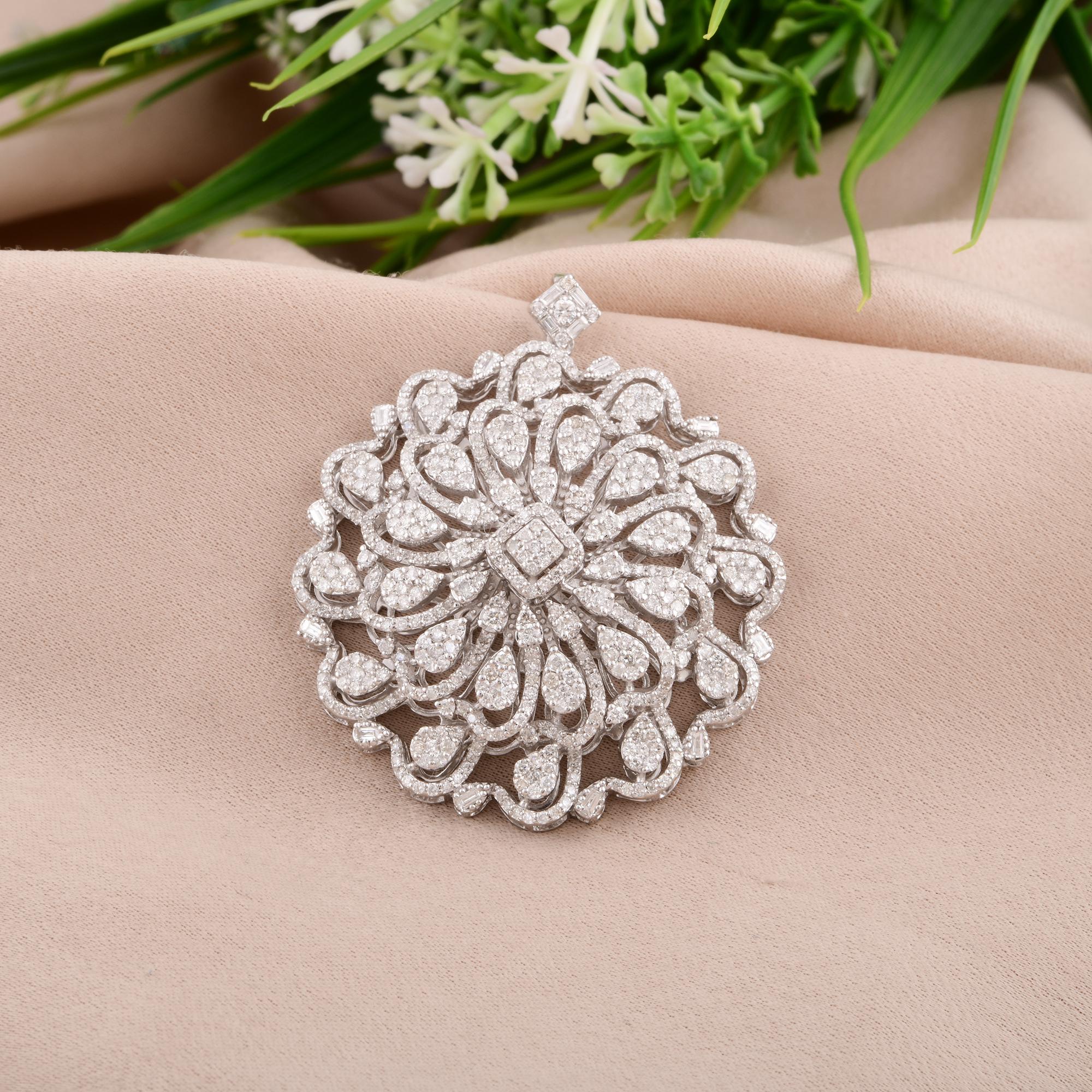 Modern Natural 3.00 Carat Diamond Pave Floral Pendant 14 Karat White Gold Fine Jewelry For Sale