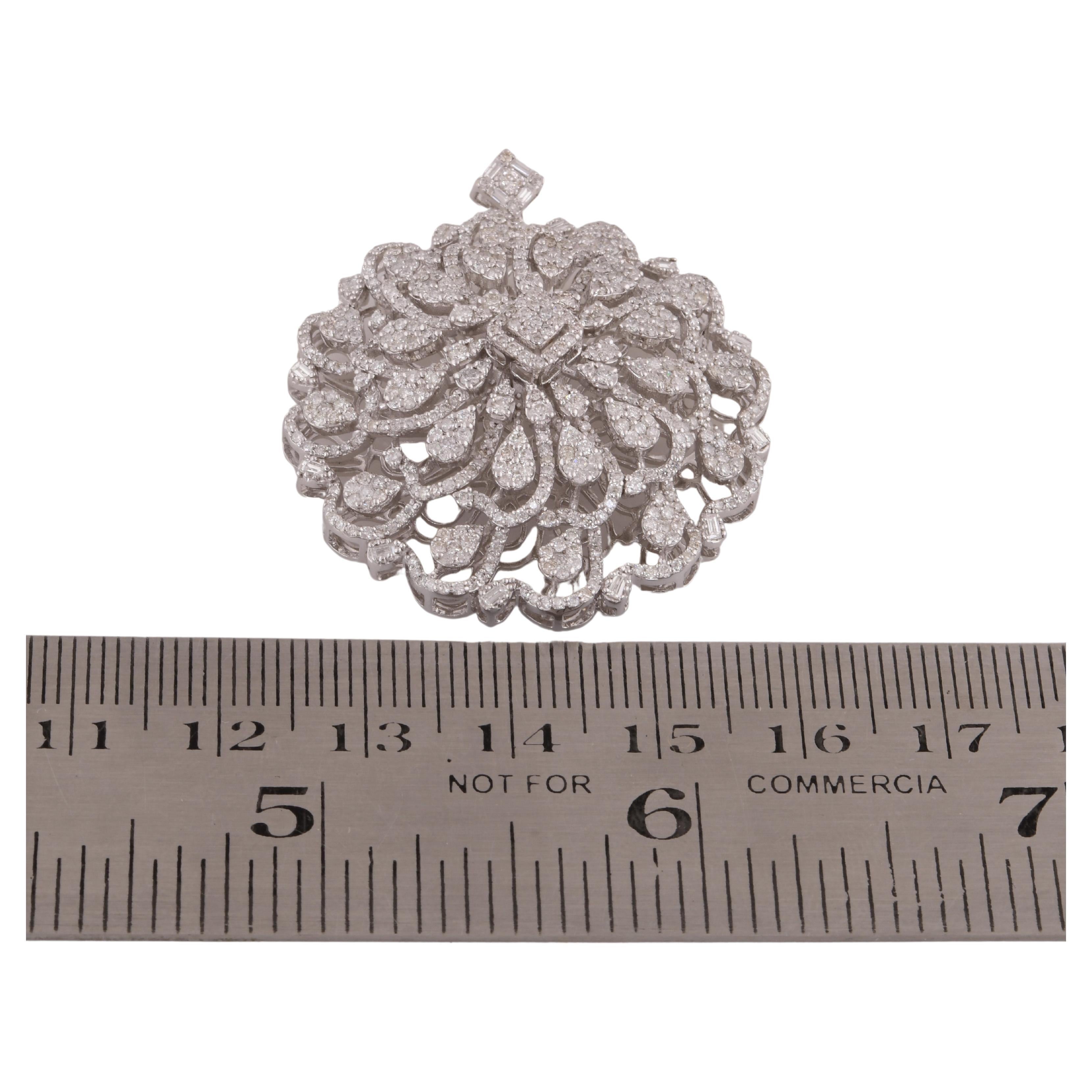 Round Cut Natural 3.00 Carat Diamond Pave Floral Pendant 14 Karat White Gold Fine Jewelry For Sale
