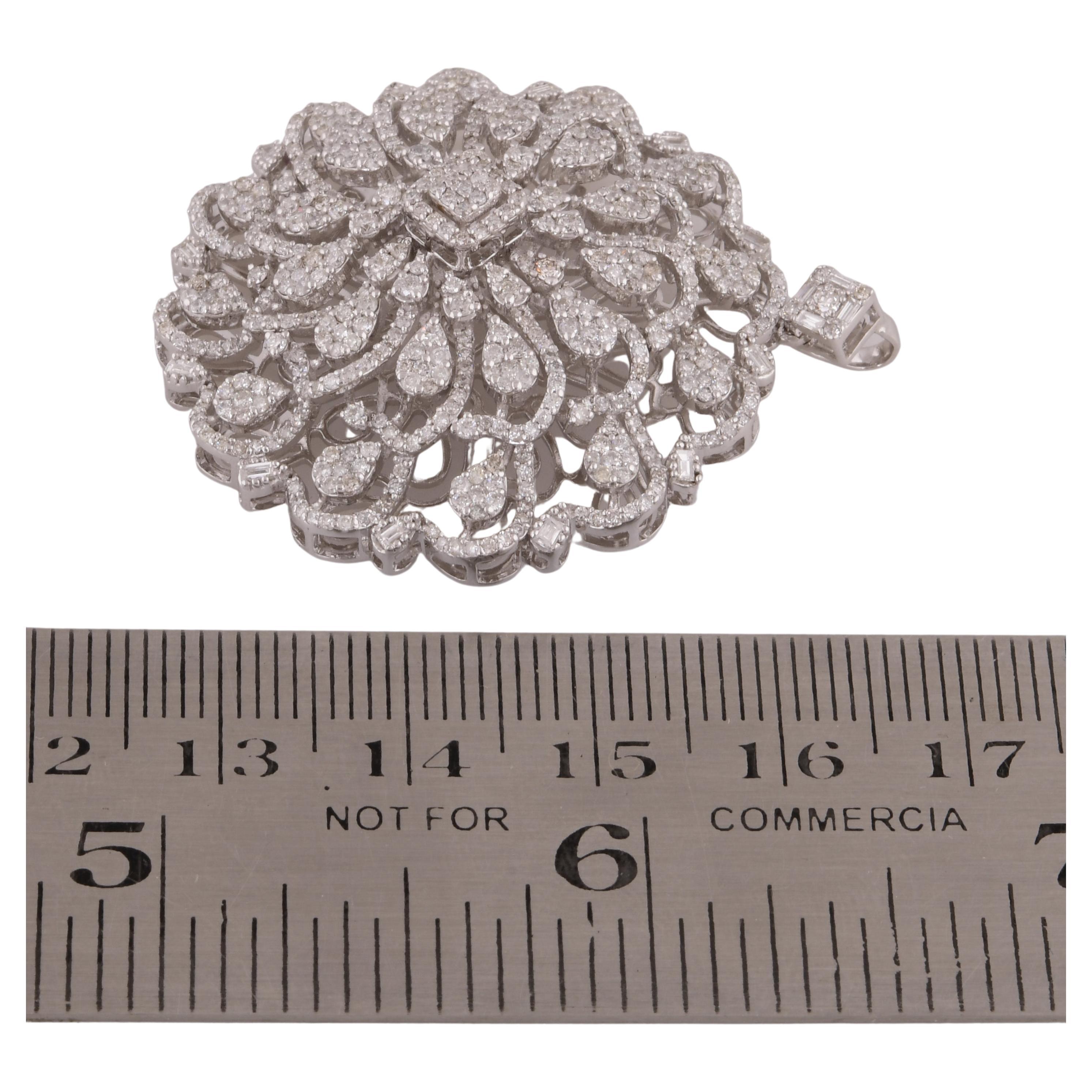 Women's Natural 3.00 Carat Diamond Pave Floral Pendant 18 Karat White Gold Fine Jewelry For Sale
