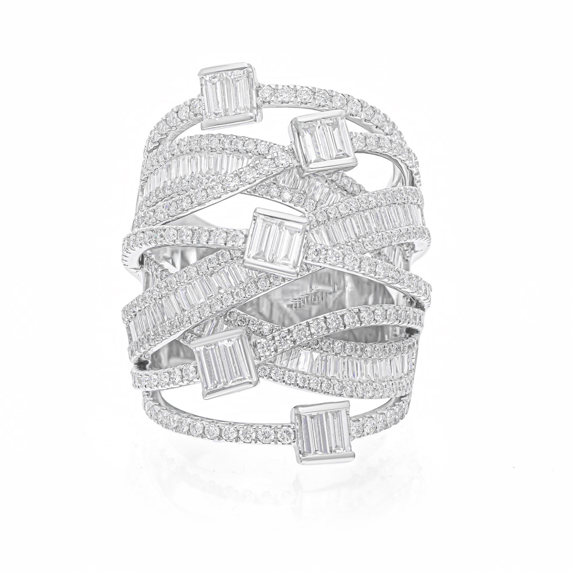 Bague en or blanc 18 carats avec diamants baguettes naturels de 3,01 carats SI/HI