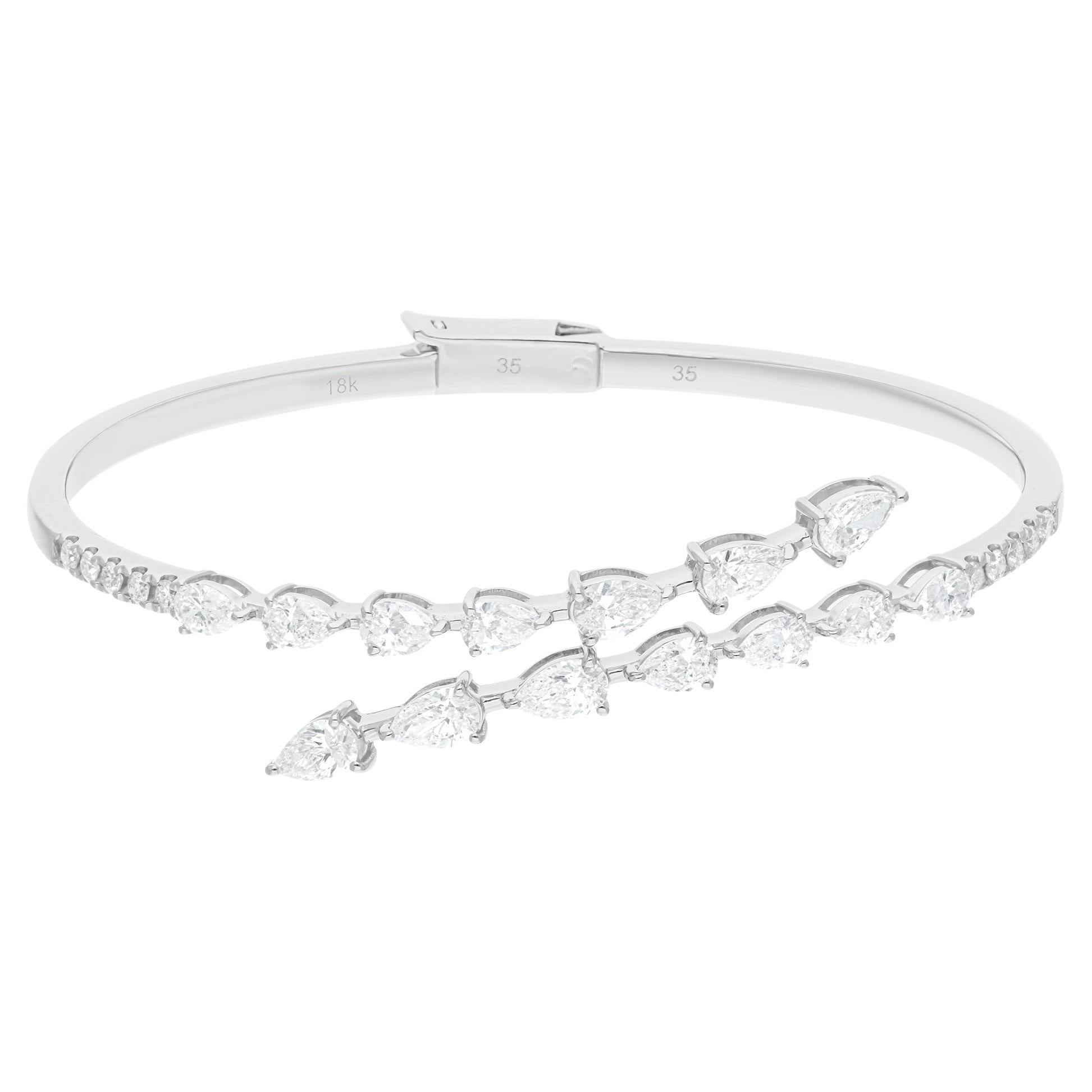 Natural 3.02 Carat Pear & Round Diamond Wrap Bangle Bracelet 14 Karat White Gold For Sale