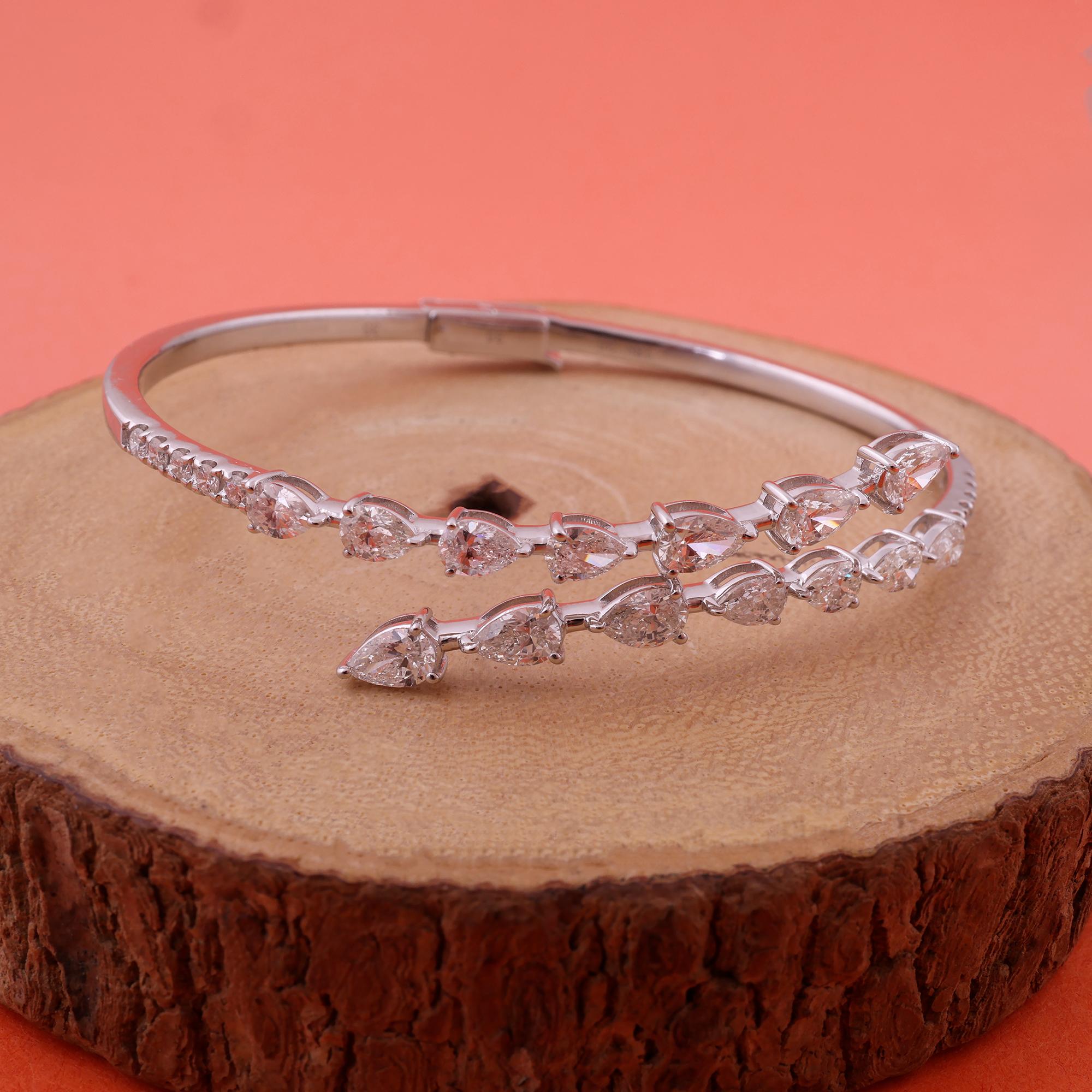 Modern Natural 3.02 Carat Pear & Round Diamond Wrap Bangle Bracelet 18 Karat White Gold For Sale