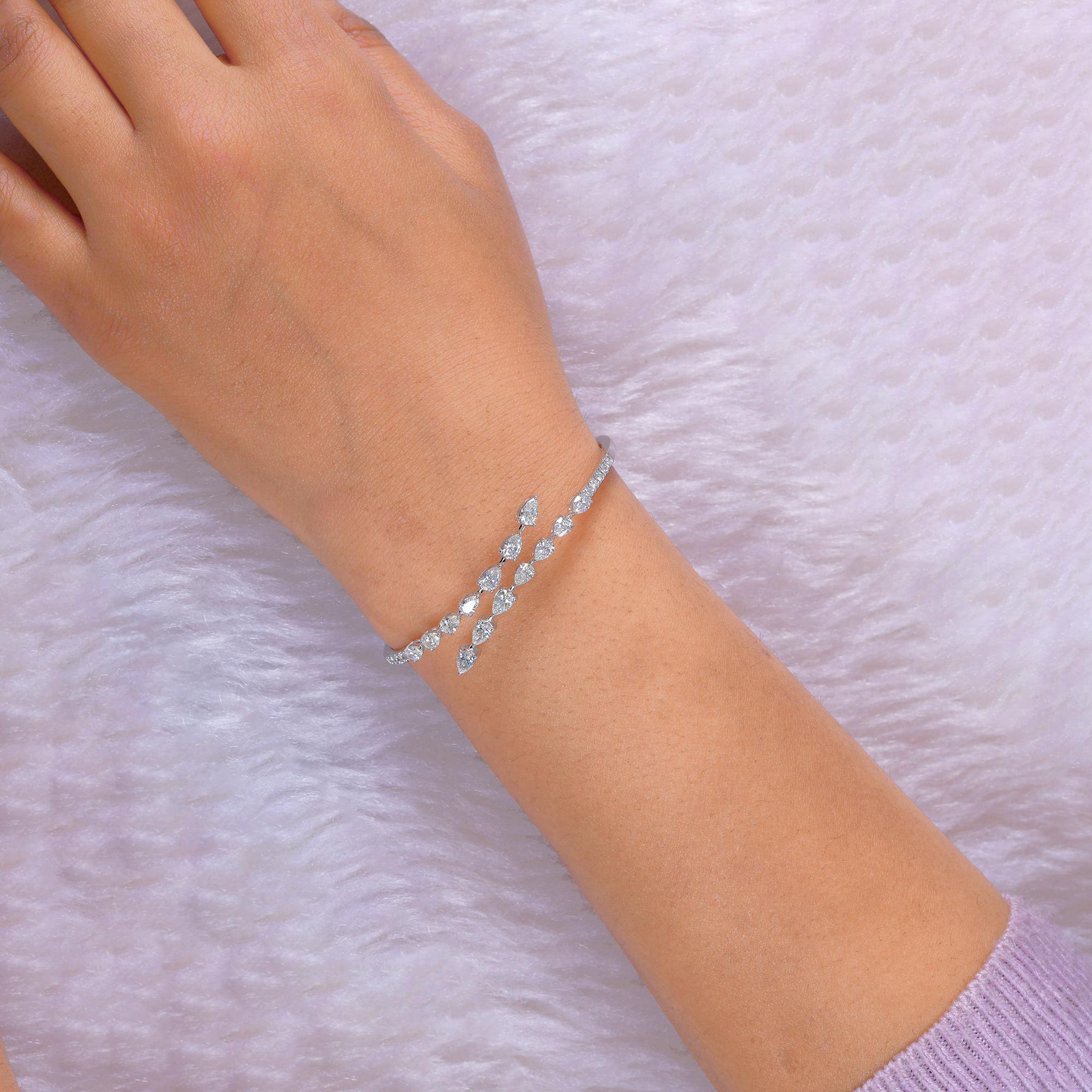 Natural 3.02 Carat Pear & Round Diamond Wrap Bangle Bracelet 18 Karat White Gold In New Condition For Sale In Diera, Dubai