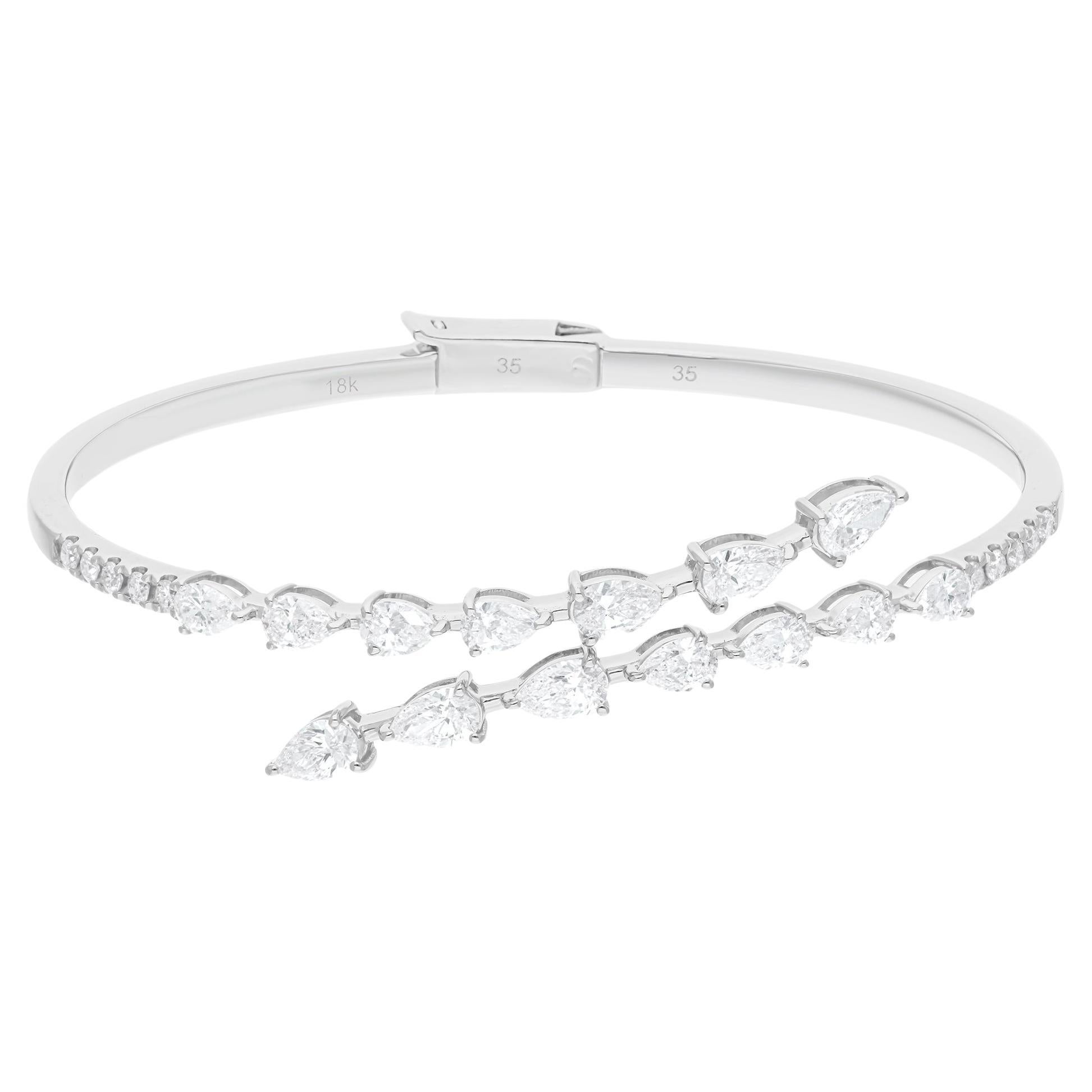 Natural 3.02 Carat Pear & Round Diamond Wrap Bangle Bracelet 18 Karat White Gold For Sale