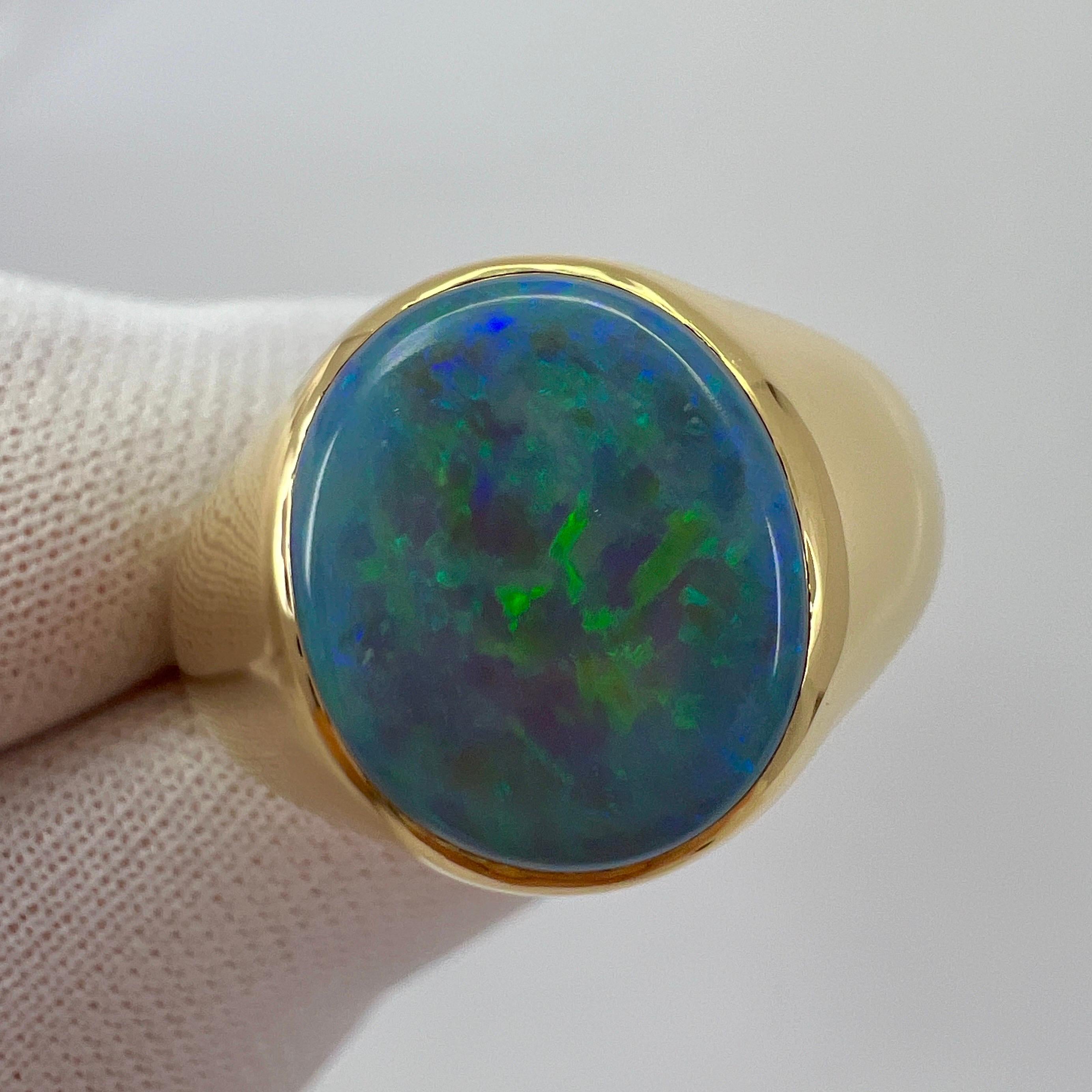 Natural 3.04ct Australian Black Opal Oval Cabcohon 18k Yellow Gold Signet Ring 6