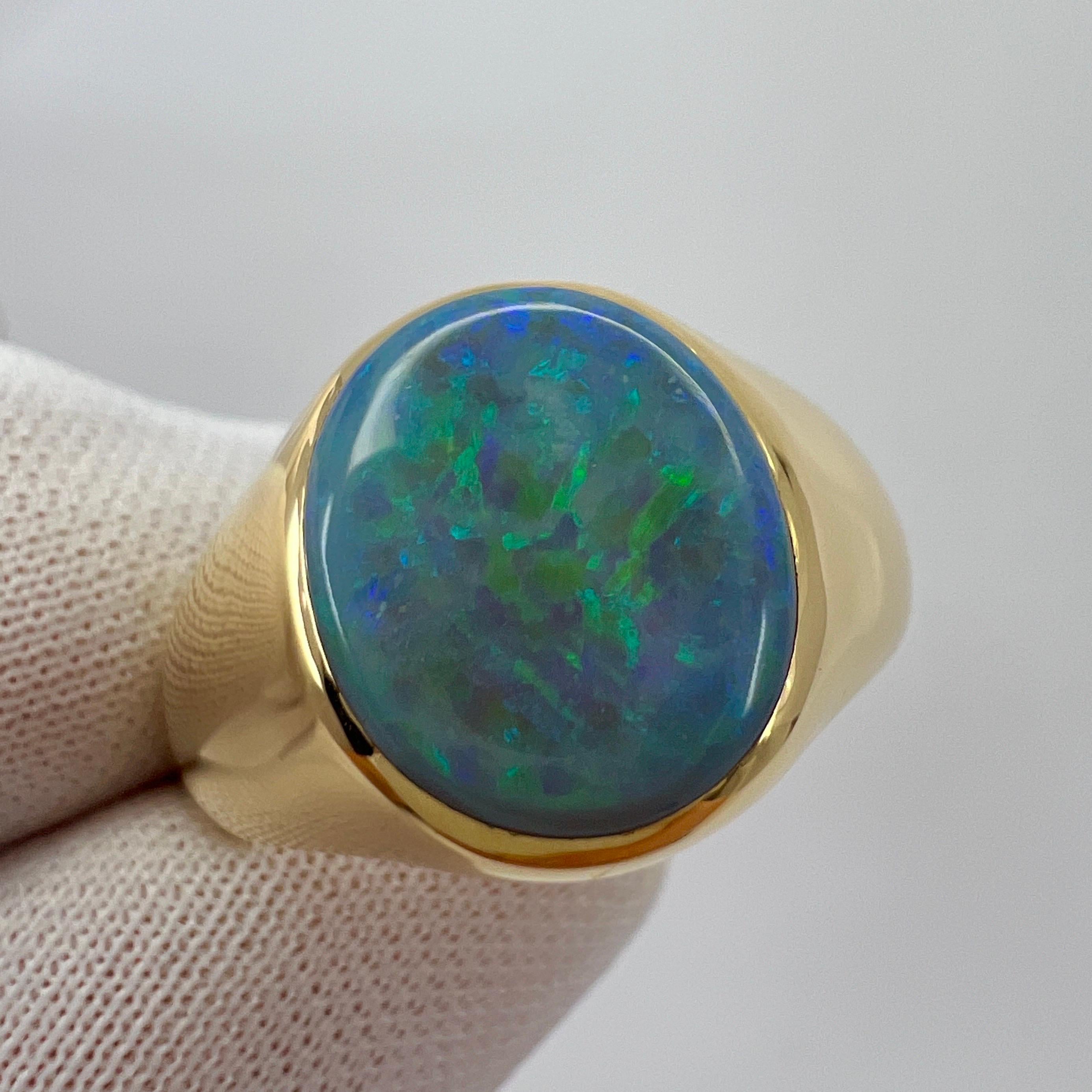Oval Cut Natural 3.04ct Australian Black Opal Oval Cabcohon 18k Yellow Gold Signet Ring