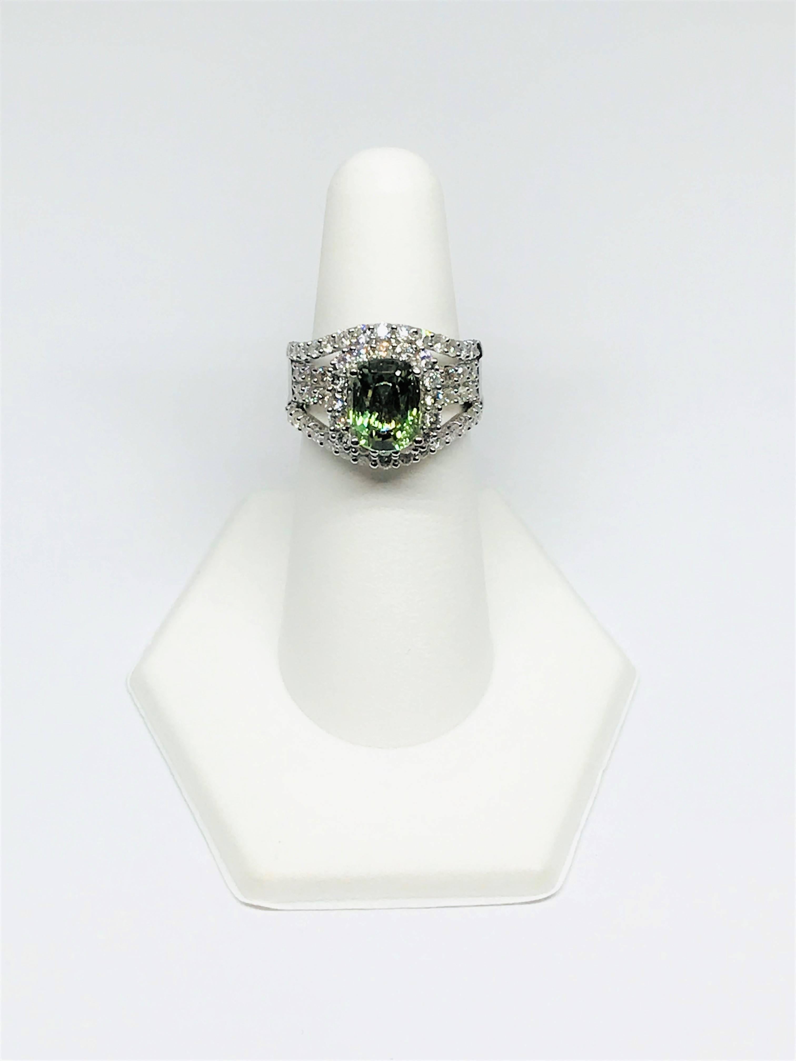 Cushion Cut Natural 3.07 Carat Alexandrite and Diamond Ring For Sale