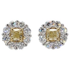 Natürliche gelbe Kissen- und weiße Diamant 1,41 Karat TW Gold-Ohrstecker