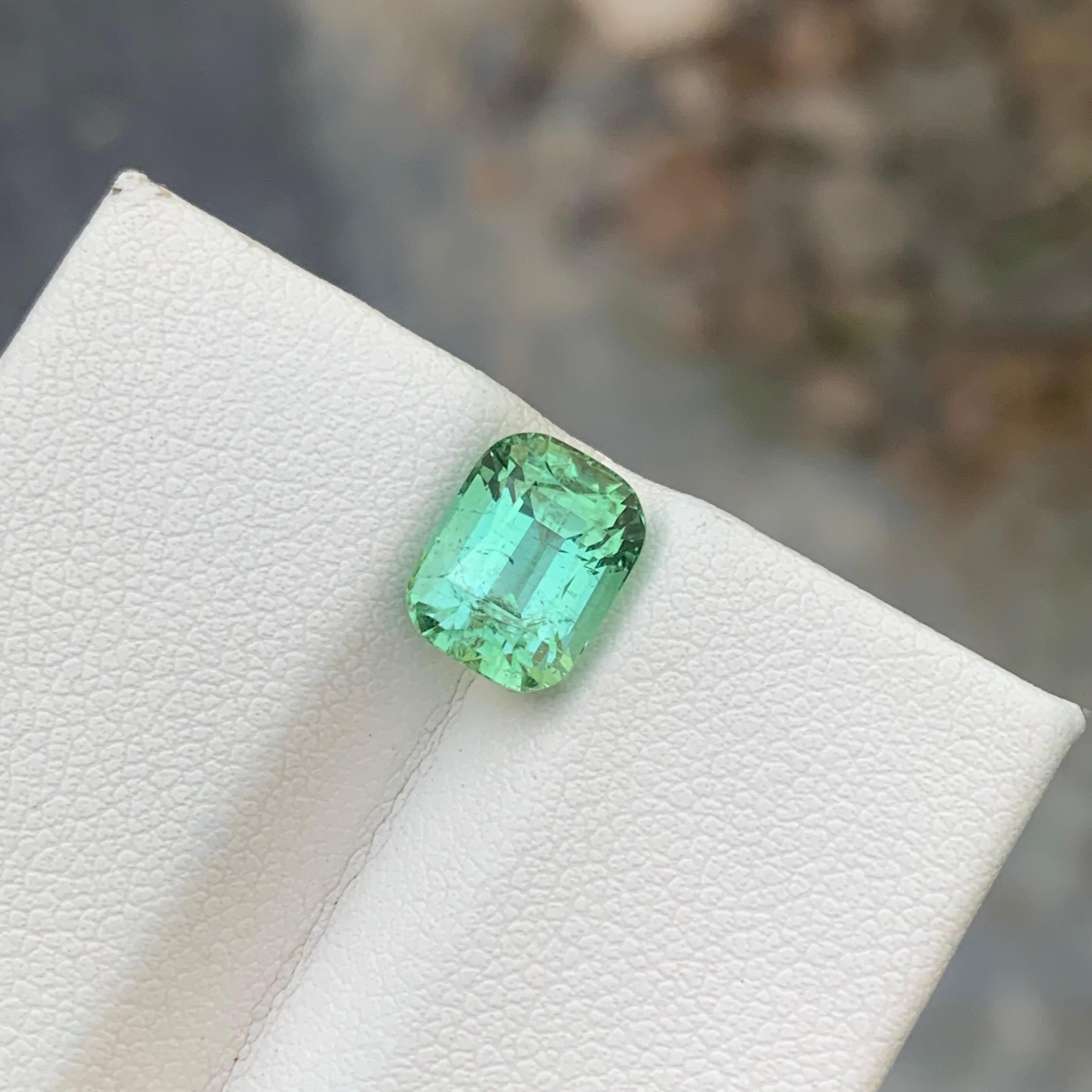 Loose Tourmaline 
Weight: 3.10 Carats 
Dimension: 9.1x7x6.2 Mm
Origin: Kunar Afghanistan 
Shape: Cushion
Color: Mint Green 
Treatment: Non
Certificate: On Demand
Mint green tourmaline, a variety of the colorful tourmaline gem family, is known for