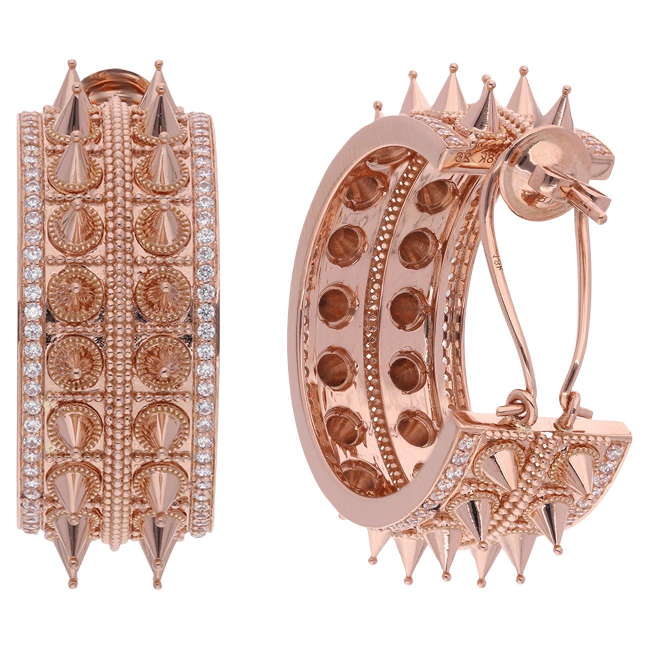 Natural 3.12 Carat Diamond Pave Spike Hoop Earrings 18 Karat Rose Gold Jewelry