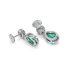 Natural 3.13 Ct Pear-Cut Emerald & Diamond Earrings 18K White Gold