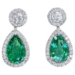 Natural 3.13 Ct Pear-Cut Emerald & Diamond Earrings 18K White Gold
