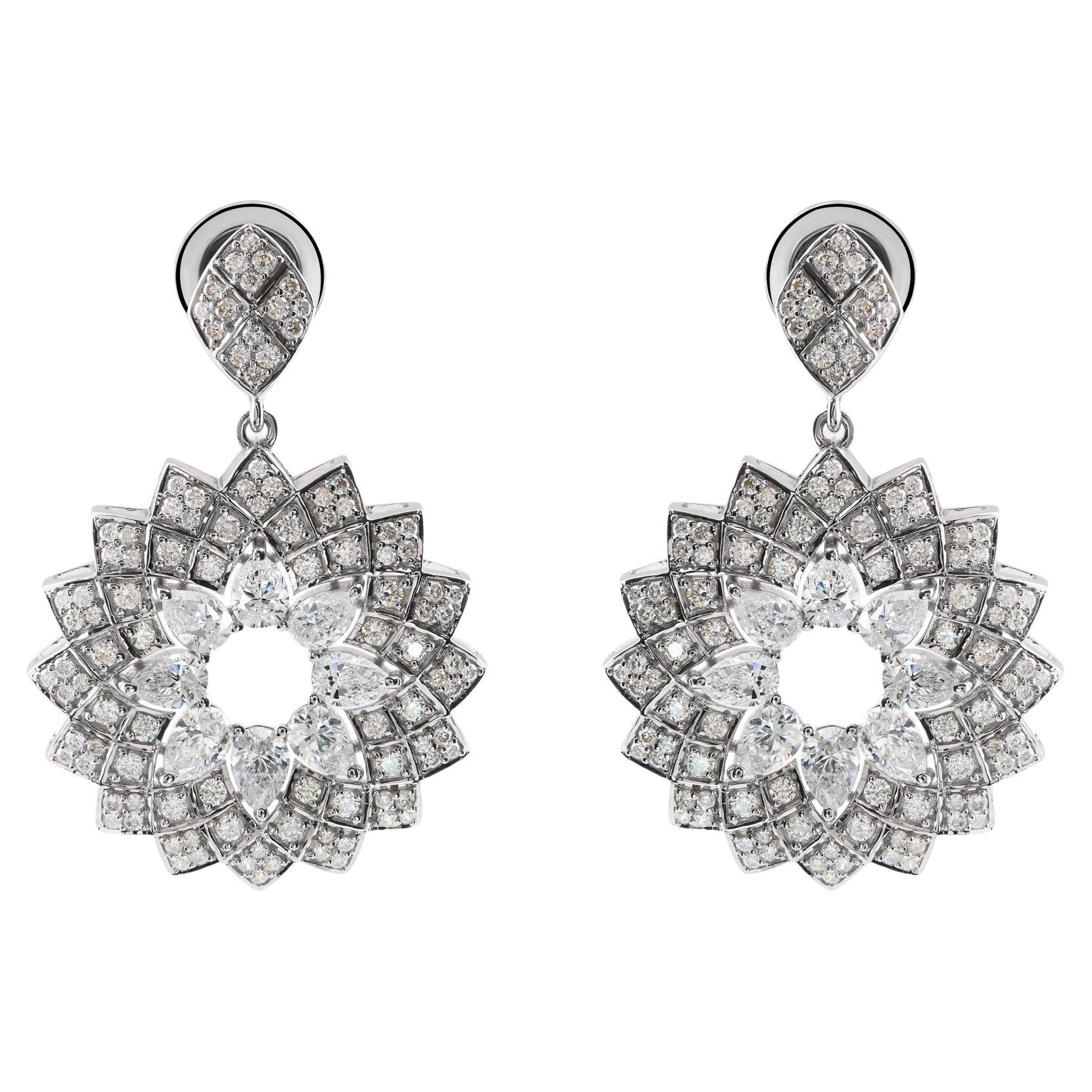 Natural 3.16 Carat SI/H Diamond Starburst Dangle Earrings 18 Karat White Gold
