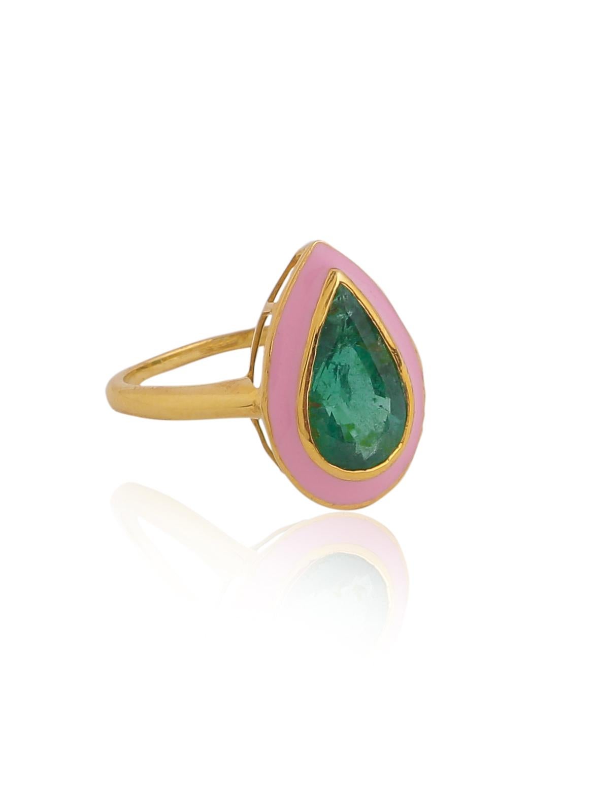 Pear Cut Natural 3.16 Carat Zambian Emerald Pear Ring with Pink Enamel in 18 Karat Gold For Sale