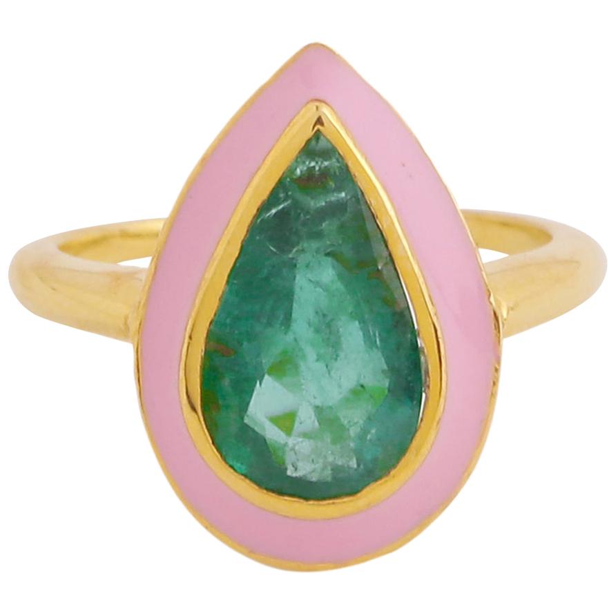 Natural 3.16 Carat Zambian Emerald Pear Ring with Pink Enamel in 18 Karat Gold For Sale