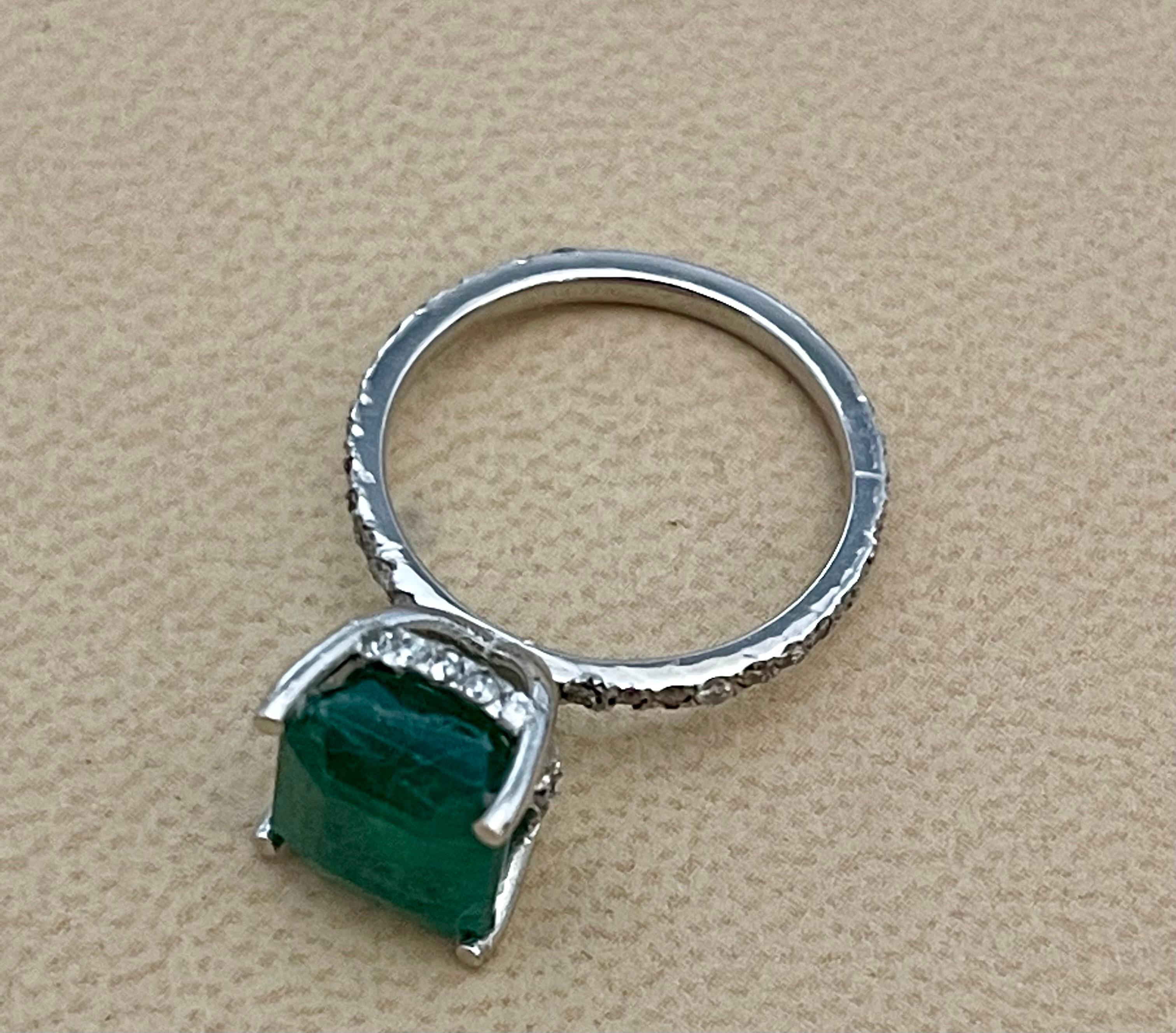 Natural 3.2 Carat Emerald Cut Emerald & Diamond Ring 18 Karat White Gold 6