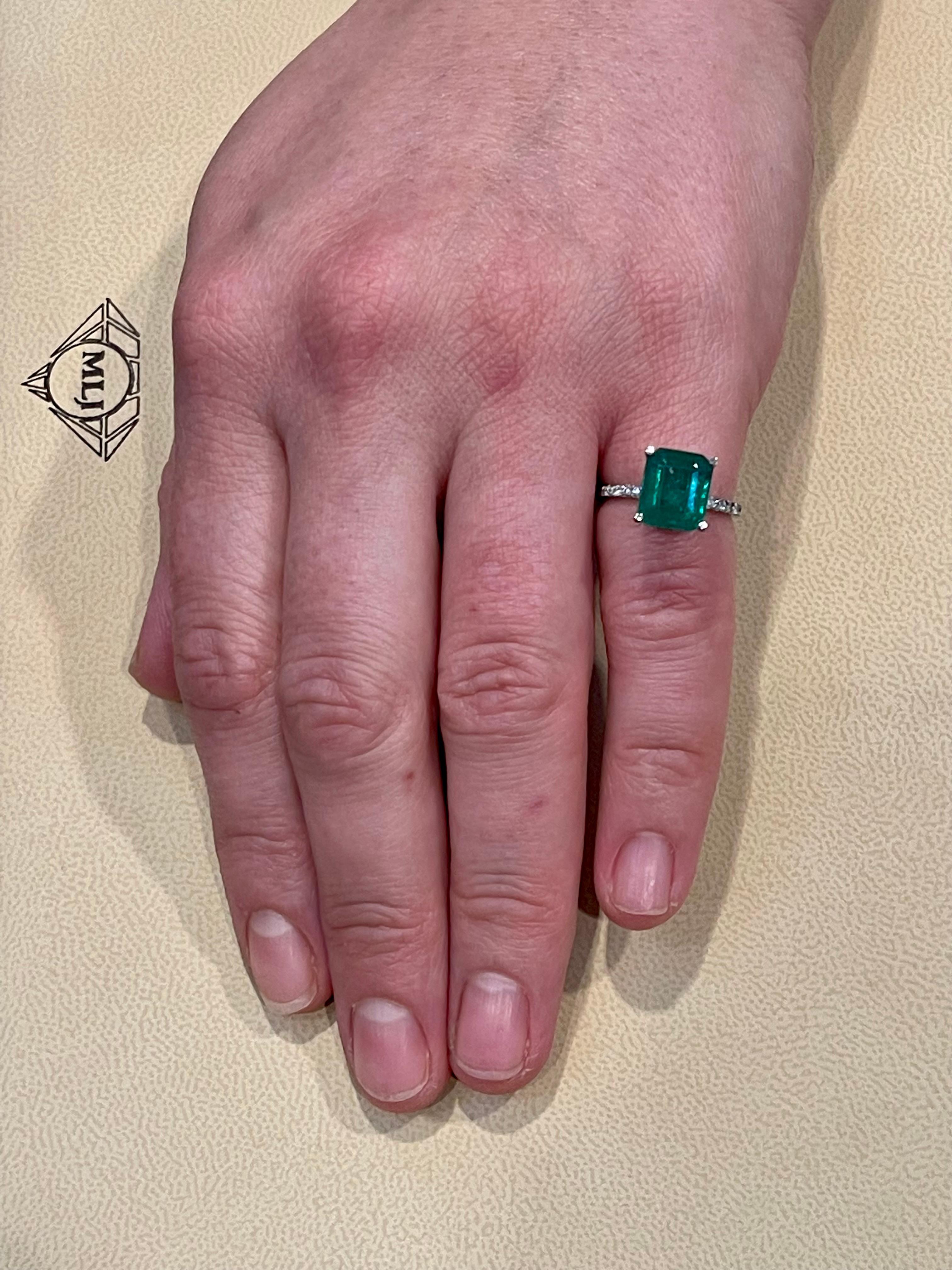 Natural 3.2 Carat Emerald Cut Emerald & Diamond Ring 18 Karat White Gold 4