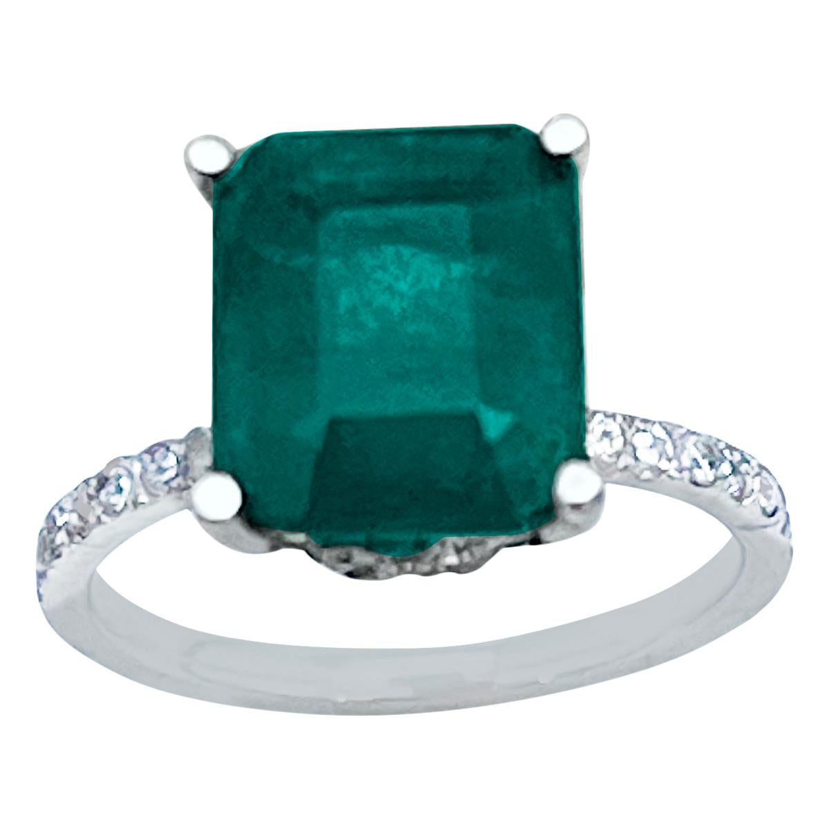 Natural 3.2 Carat Emerald Cut Emerald & Diamond Ring 18 Karat White Gold