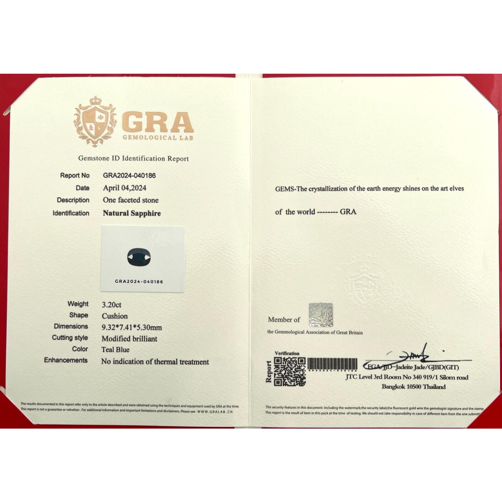 Zafiro Azul Teal Profundo Natural de 3,20ct Gra Corte Cojín Certificado Sin Tratar VVS Corte cojín en venta