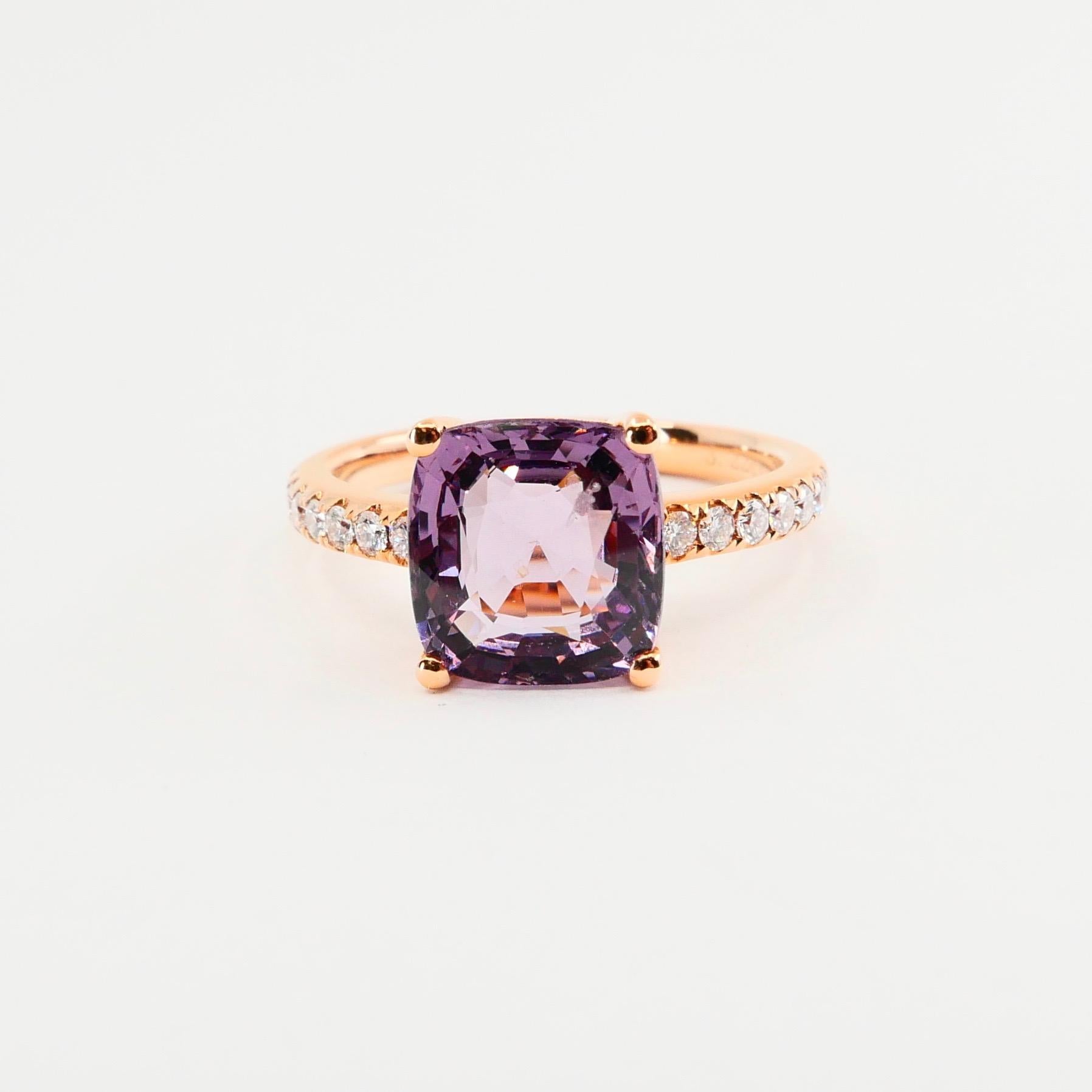 Cushion Cut Natural 3.22 Carat Purple Spinel and Diamond Ring Set in 18 Karat Rose Gold For Sale
